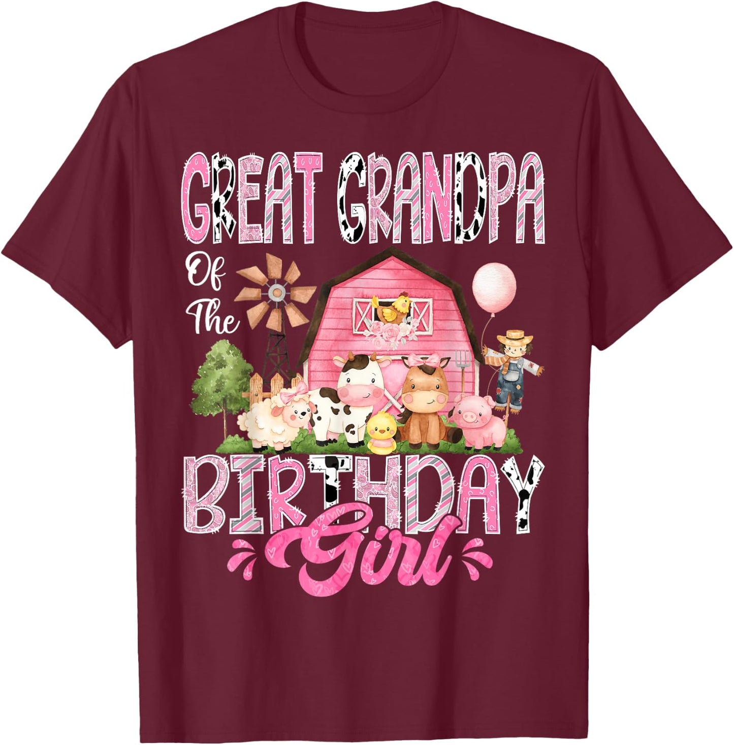 Great Grandpa Of The Birthday Girl Pink Farm Cow Birthday T-Shirt - T-Shirt | Maroon