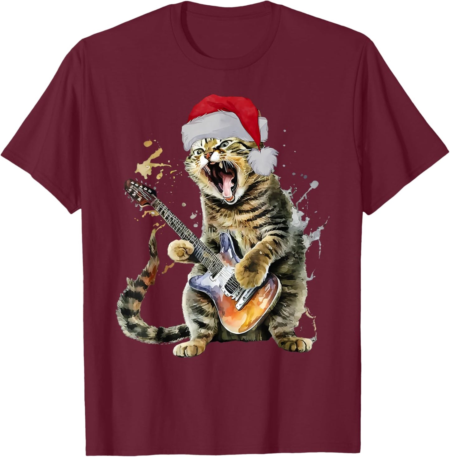 Christmas Cat Playing Guitar Musician Band Cat Lover T-Shirt - T-Shirt | Maroon