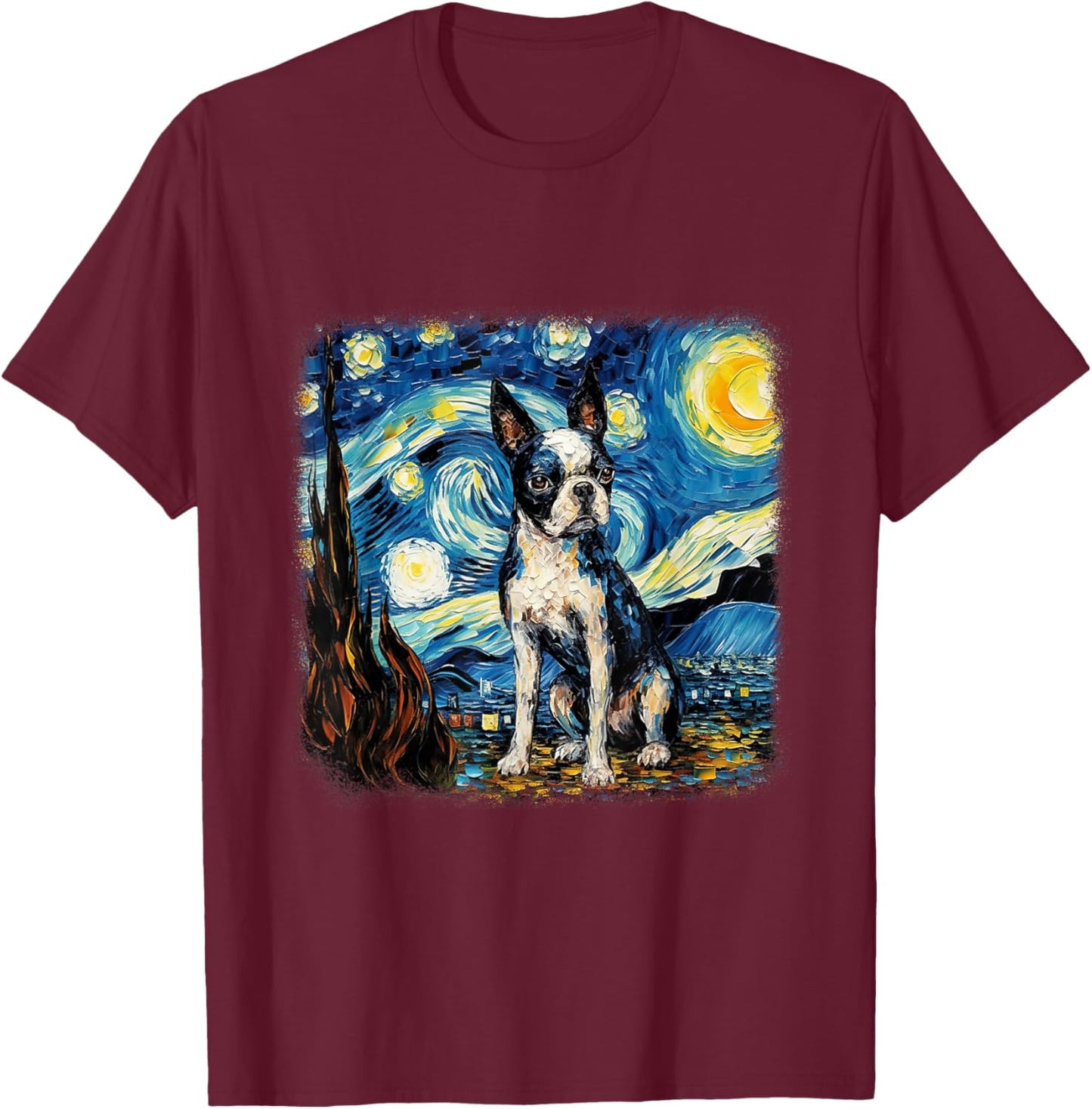 Van gogh Boston Terrier in starry night T-Shirt - T-Shirt | Maroon