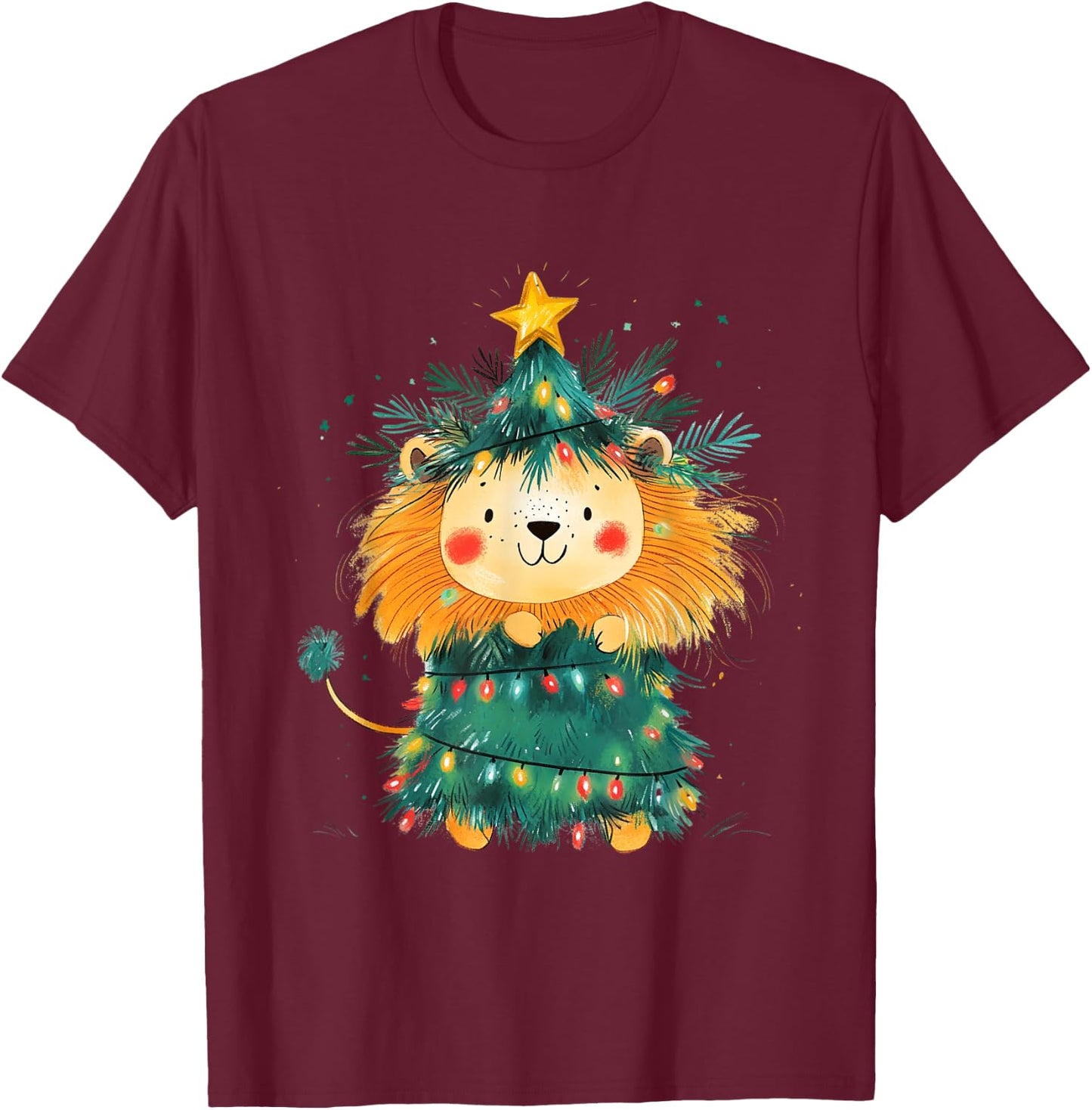 Lion Christmas Tree Pajamas Girls Boys Xmas Lights T-Shirt - T-Shirt | Maroon