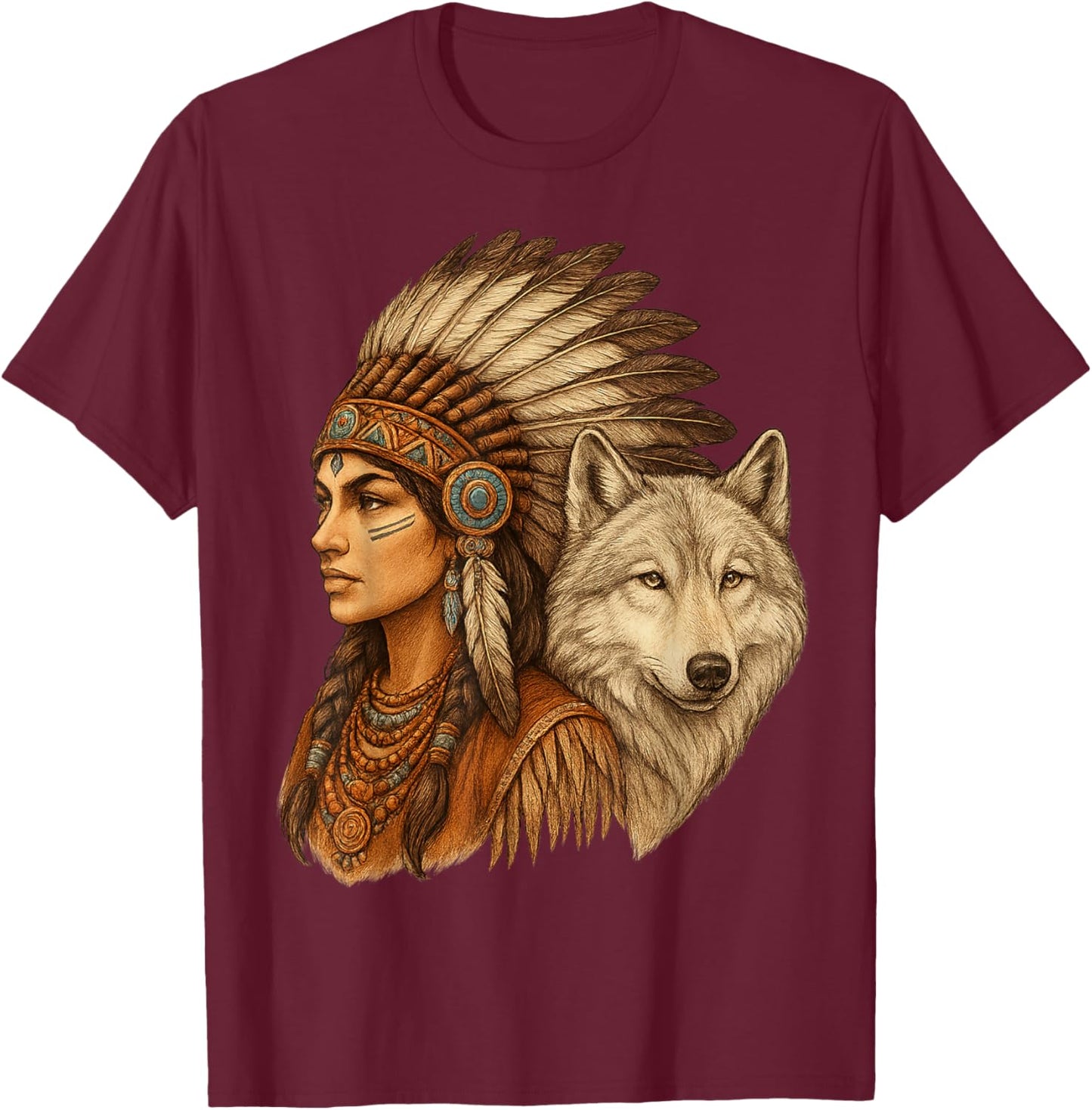 Indian Native American Woman with White Wolf Vitage T-Shirt - T-Shirt | Maroon