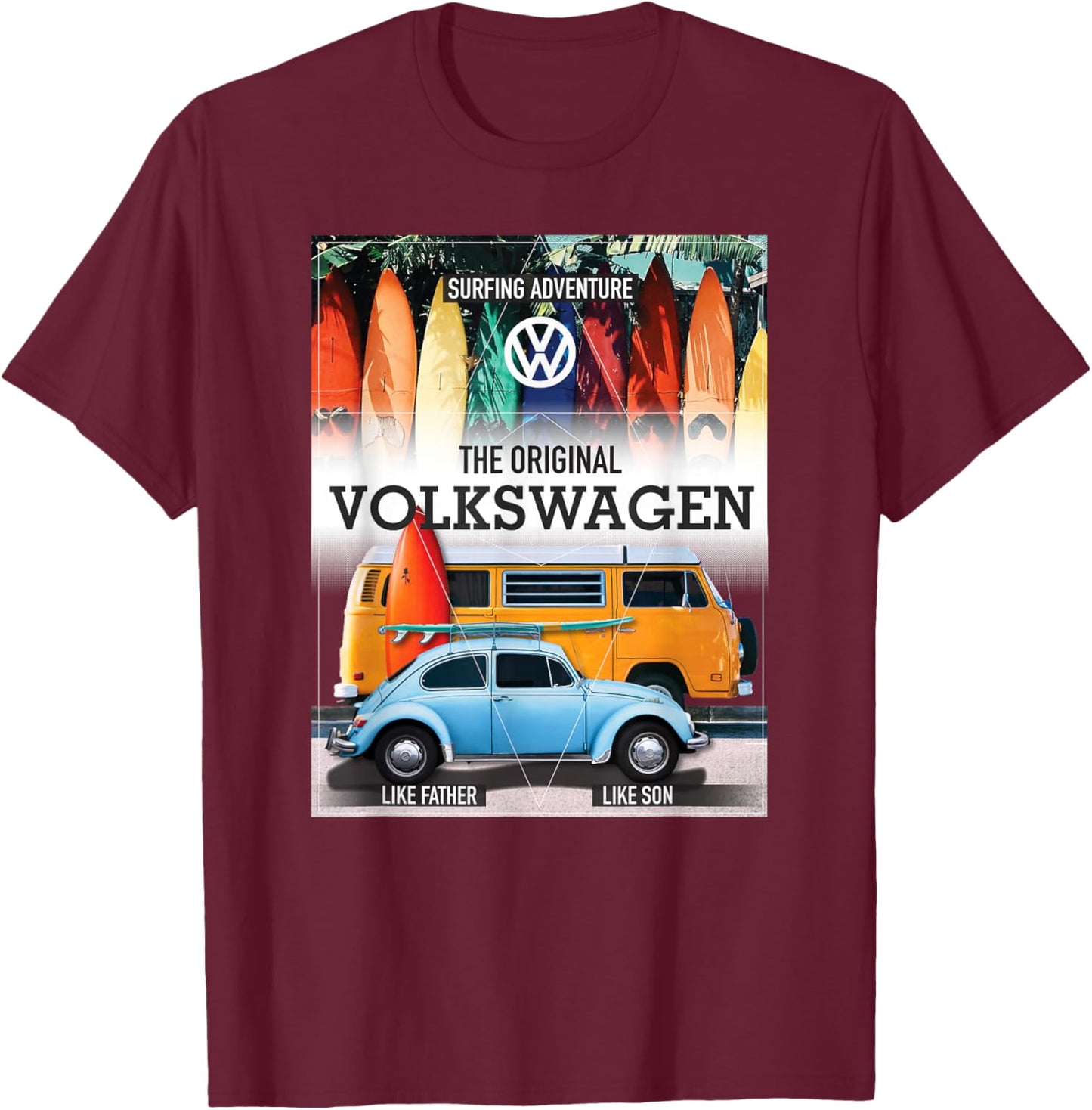 Volkswagen Surfing Adventure Beetle & Camper T-Shirt - T-Shirt | Maroon