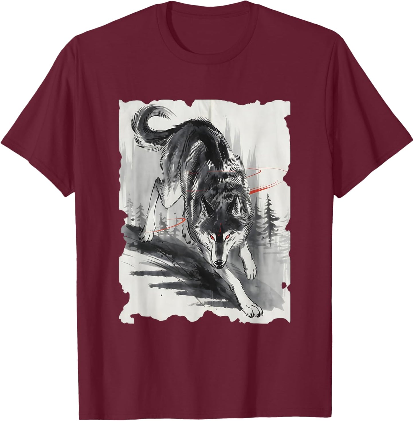 Wolf Sumi-e Graphic - Vintage Japanese Art Wolf Lover T-Shirt - T-Shirt | Maroon