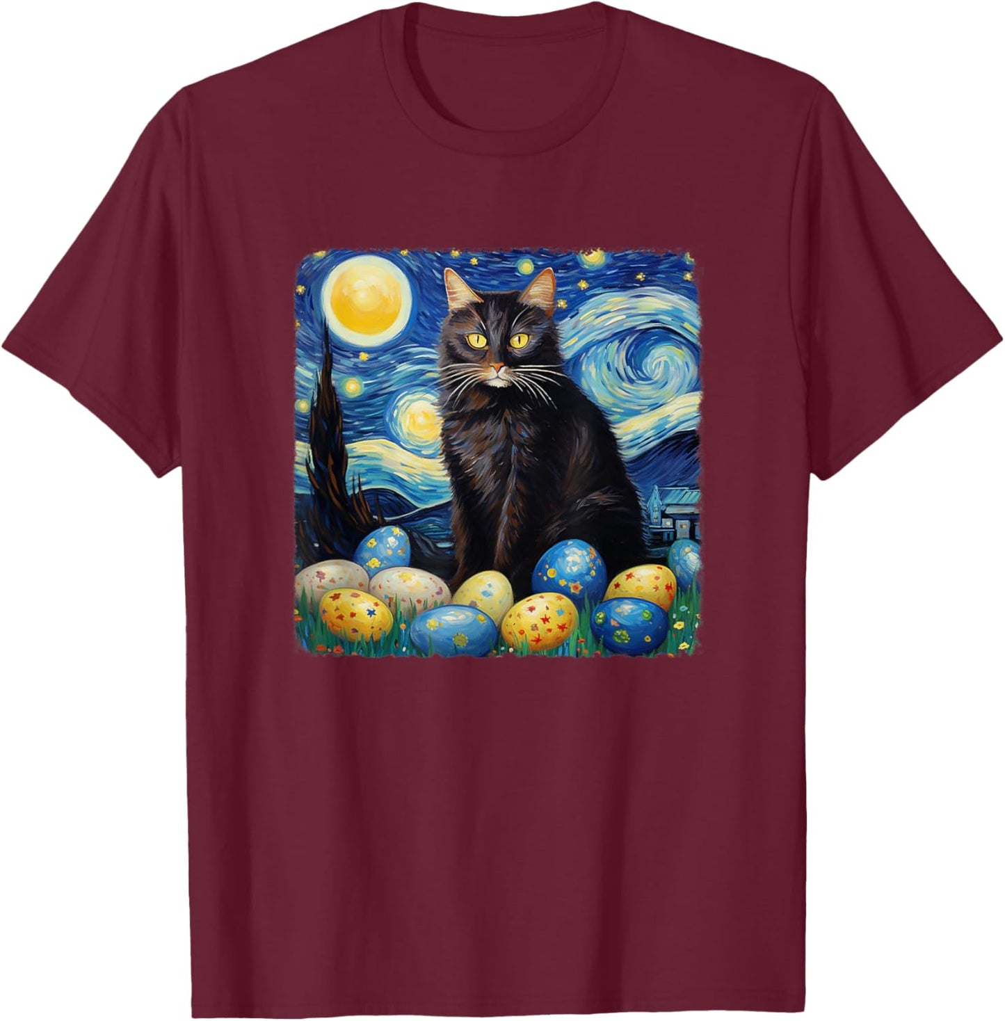 Easter Cat Starry Night by Vincent van Gogh Easter Egg T-Shirt - T-Shirt | Maroon