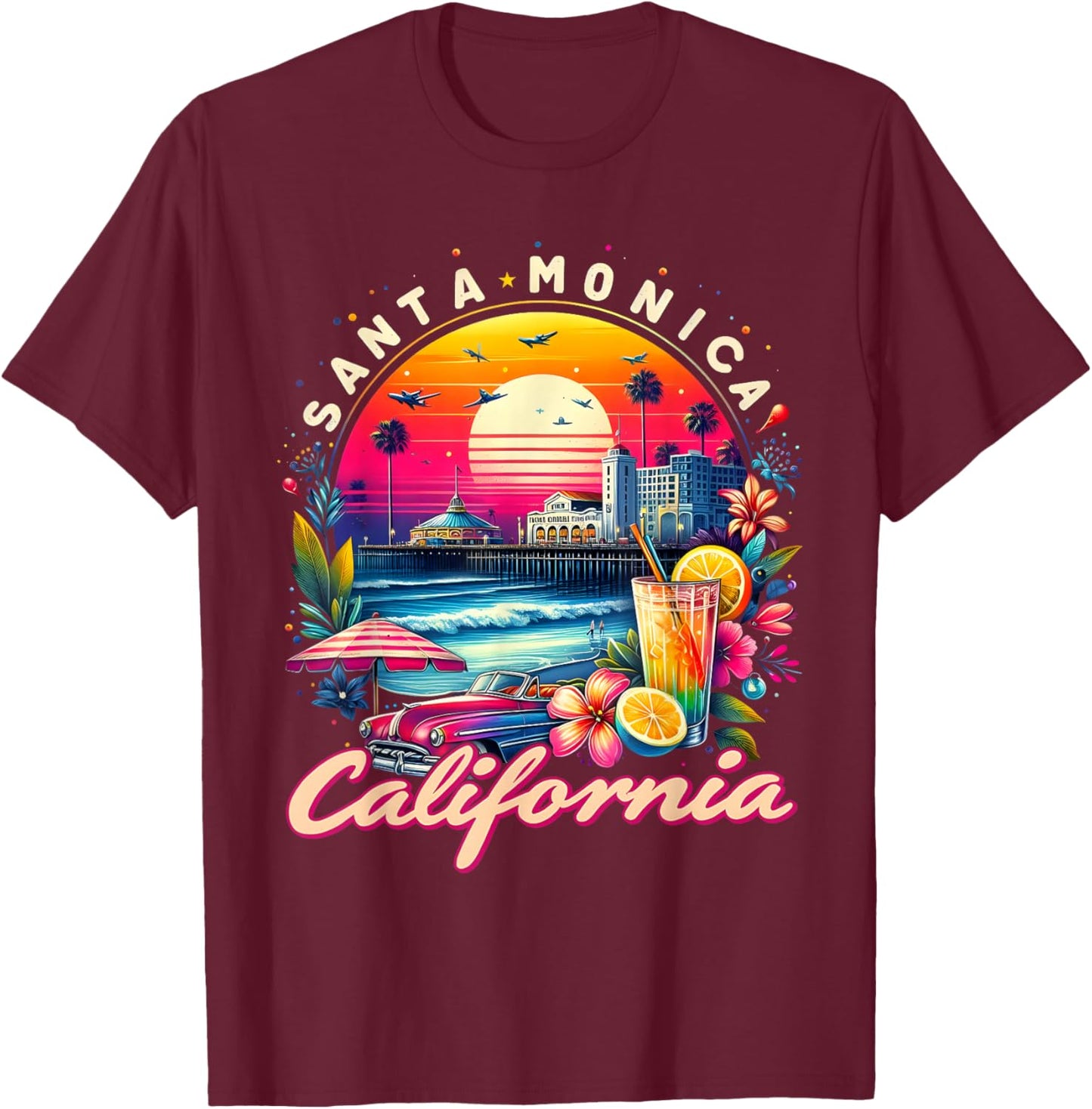 Sunset Vibes Santa Monica Trip Retro Santa Monica California T-Shirt - T-Shirt | Maroon
