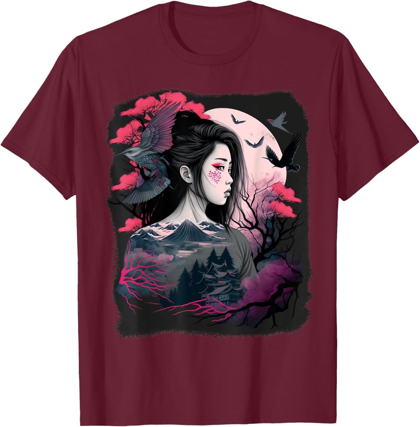 Japanese Samurai Girl Sakura Cherry Blossom Aesthetic Moon T-Shirt - T-Shirt | Maroon