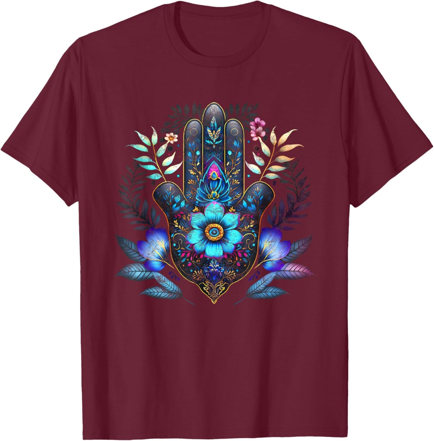 Hamsa, hand, blue, Nazar, flower, eye, charm, vintage, luck T-Shirt - T-Shirt | Maroon