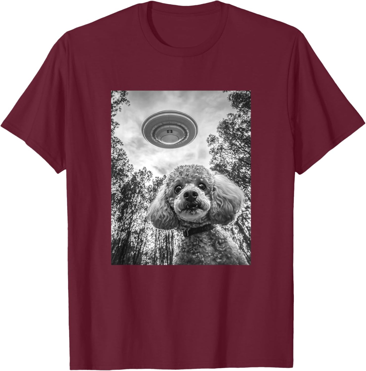 Poodle Selfie With Alien UFO T-Shirt - T-Shirt | Maroon
