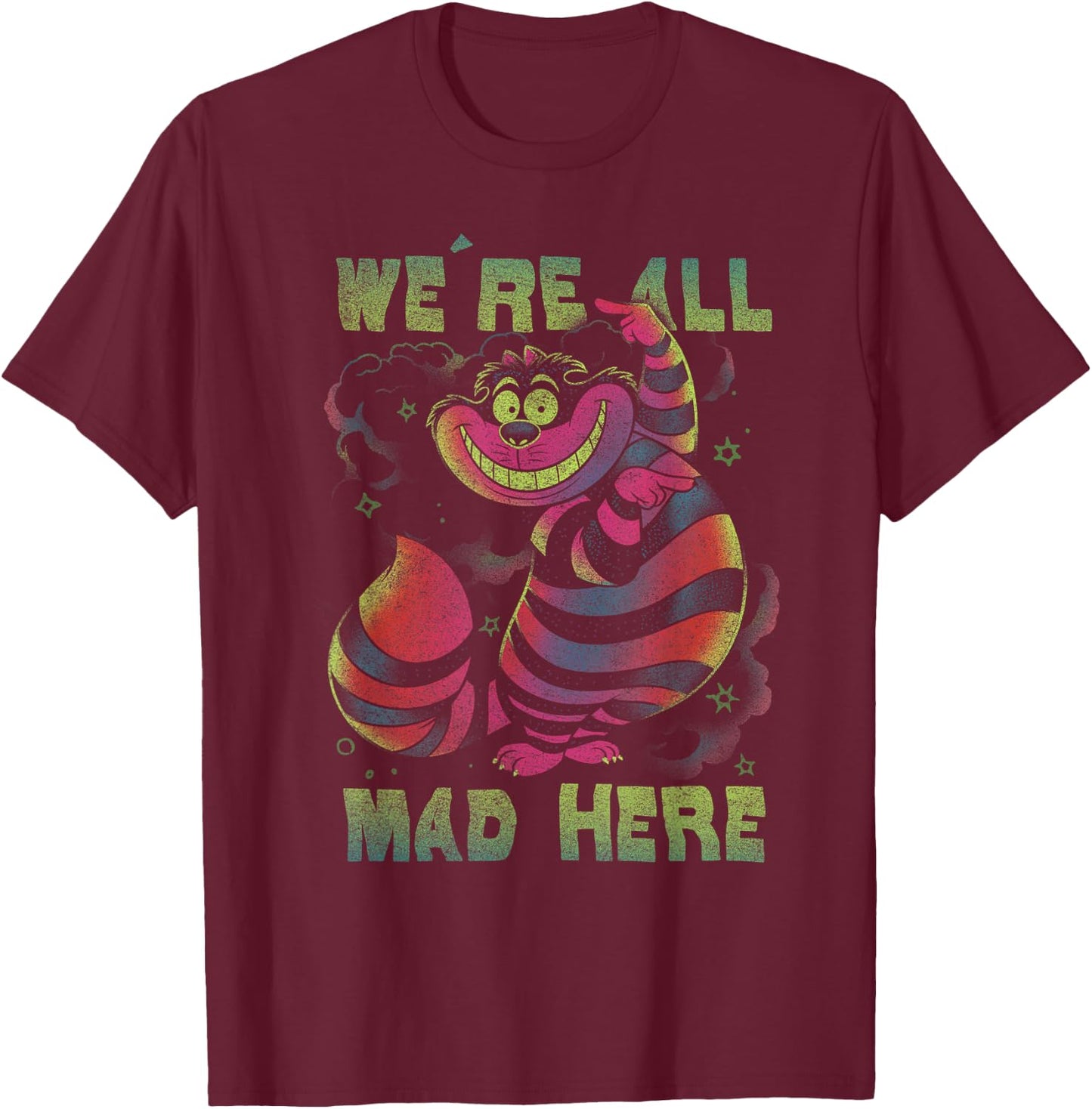 Disney Alice In Wonderland Cheshire Cat Neon All Mad Here Short Sleeve T-Shirt - T-Shirt | Maroon