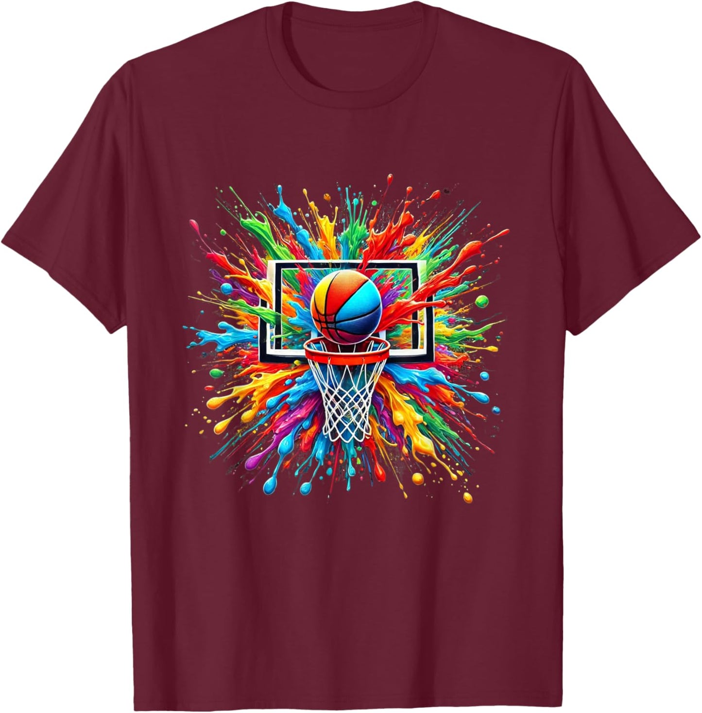 Colorful Tie Dye Basketball Hoop Splash Color Net Slam Dunk T-Shirt - T-Shirt | Maroon