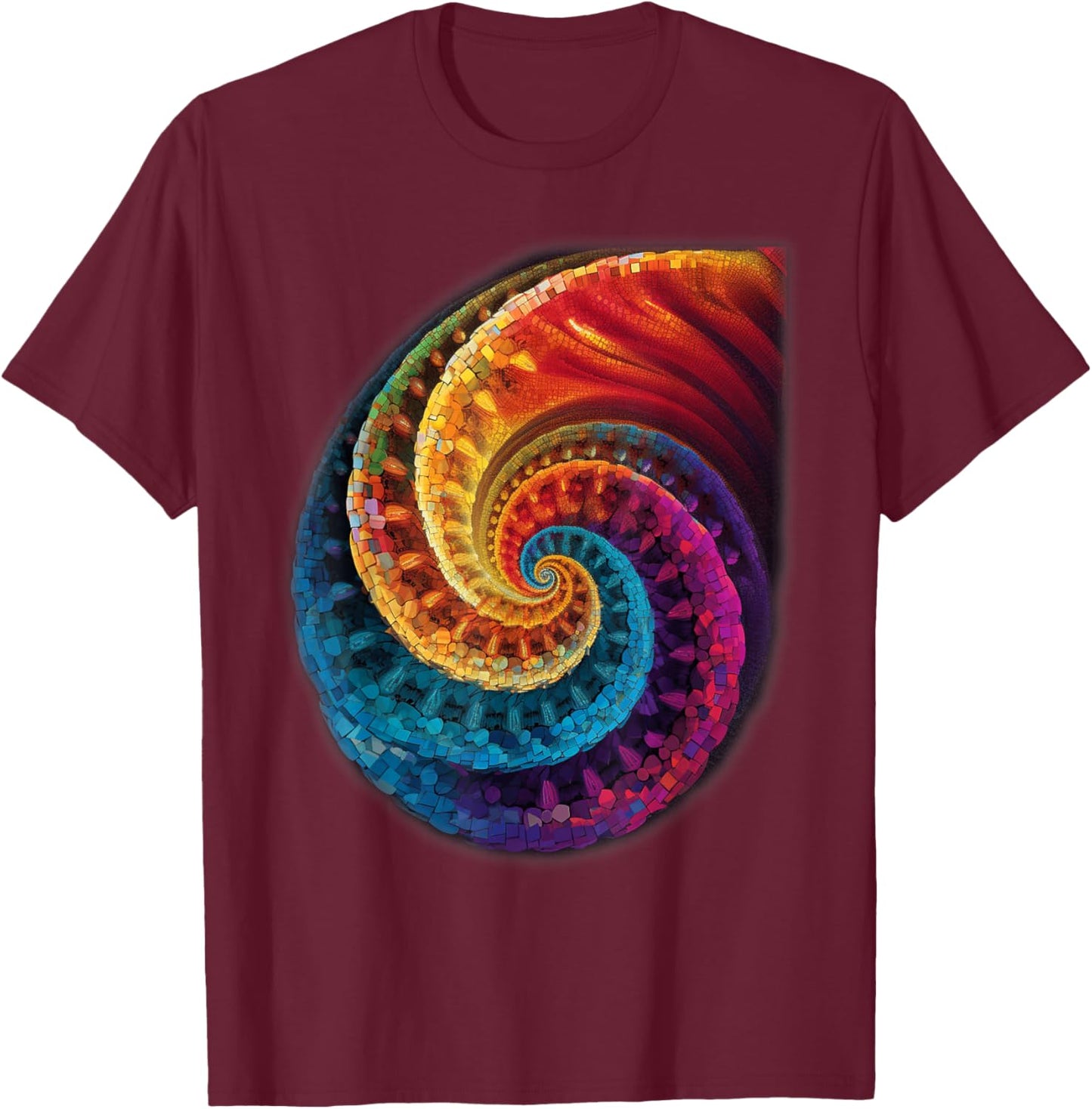 Colorful Fibonacci Spiral Psychedelic Colors Abstract Math T-Shirt - T-Shirt | Maroon