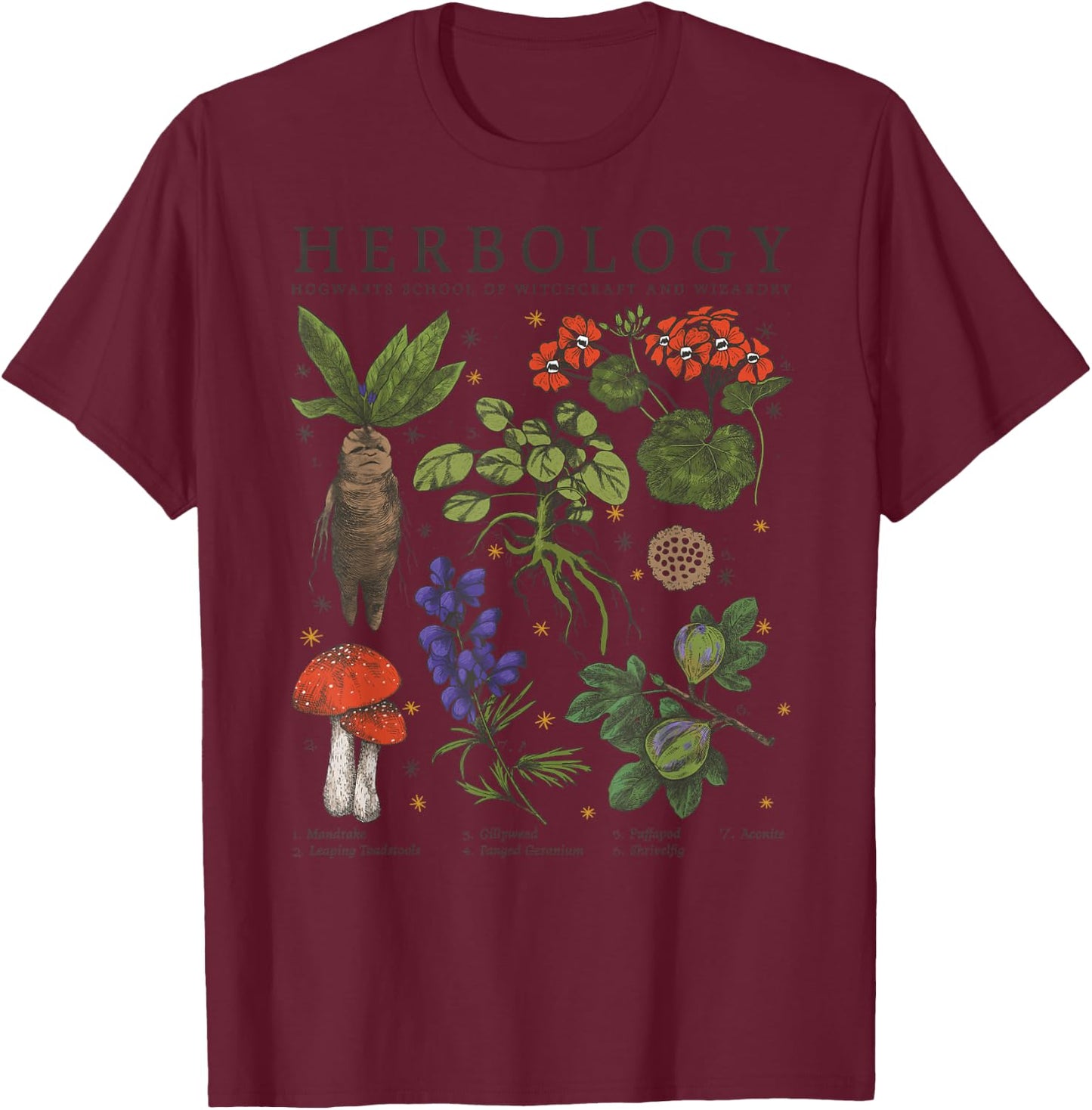 Harry Potter Herbology Plants Vintage Textbook Poster T-Shirt - T-Shirt | Maroon