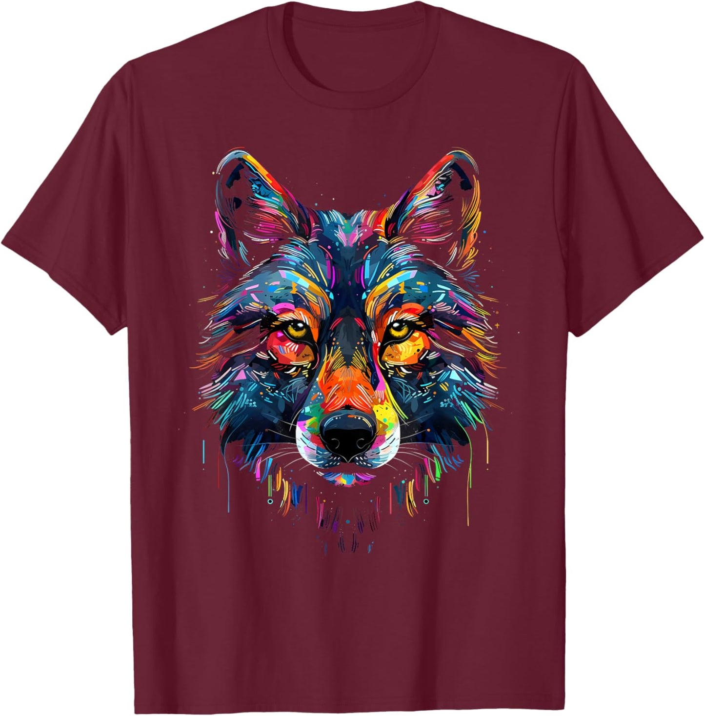 Wolf Face Colorful Majestic Wild Wolves Art Black T-Shirt - T-Shirt | Maroon