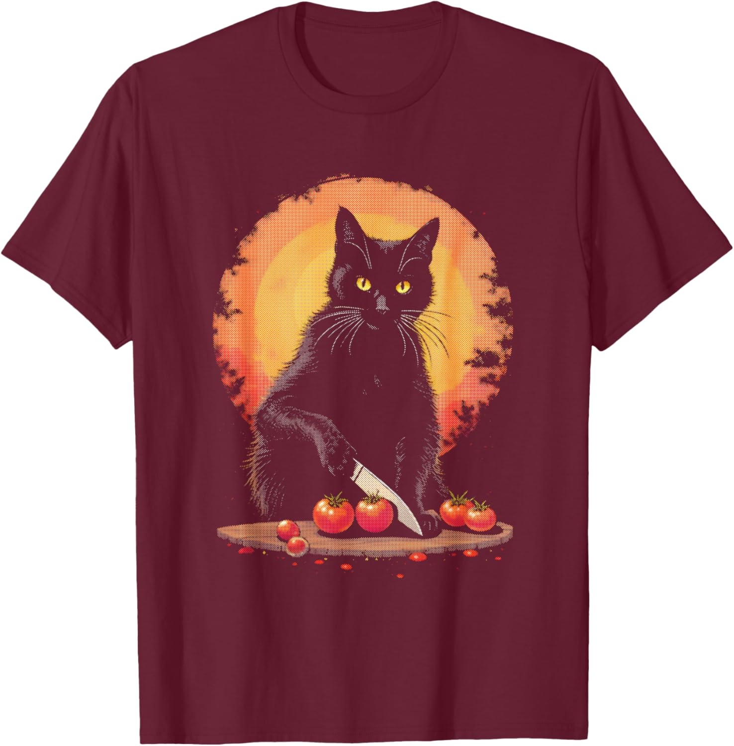 Black Cat Cutting Tomatoes - Funny Chef Cat Lover T-Shirt - T-Shirt | Maroon