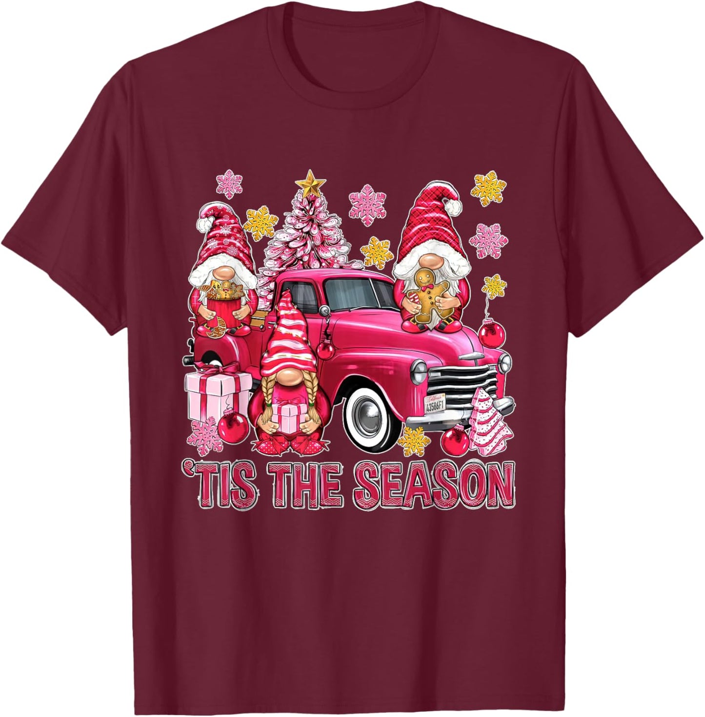 Tis The Season Pink Christmas Gnomes Pink Truck Xmas Holiday T-Shirt - T-Shirt | Maroon