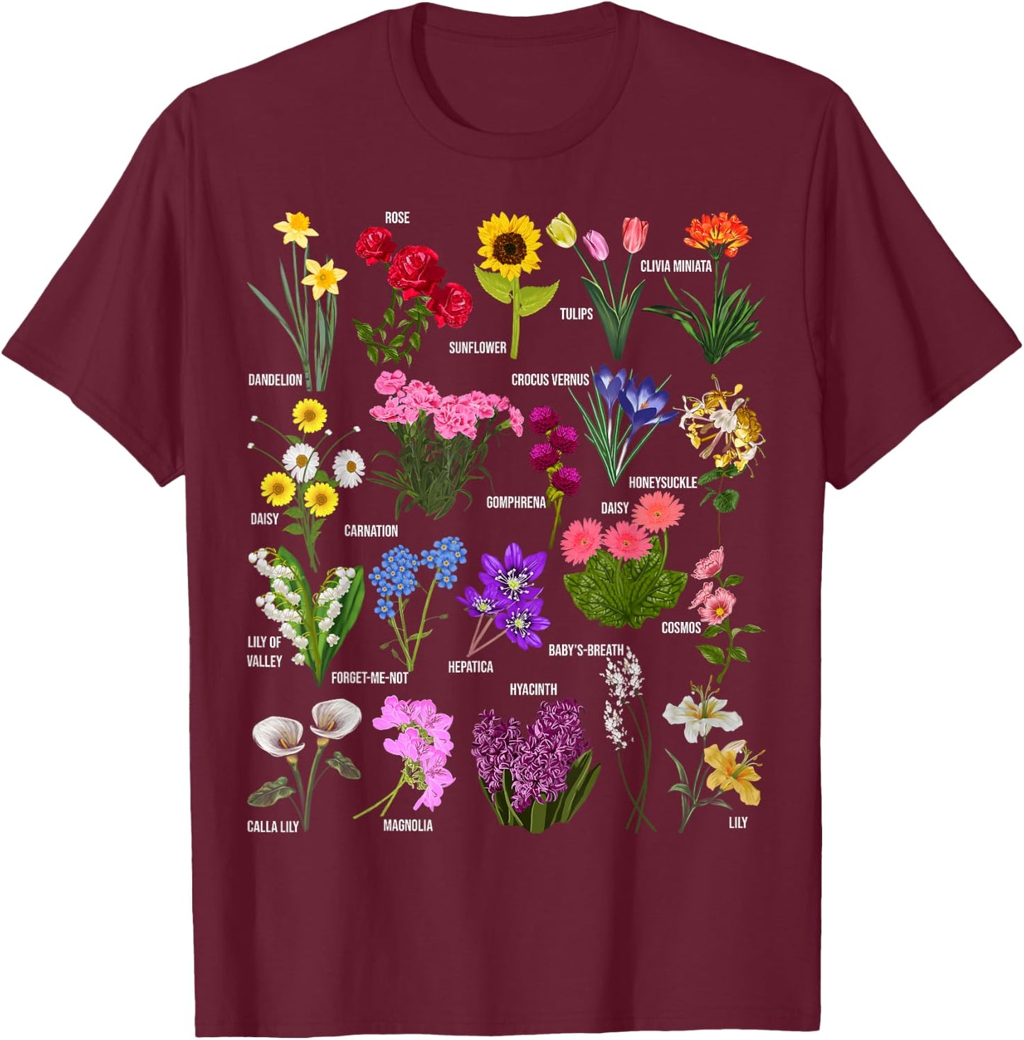 Vintage Flower Botanical Illustration Chart Plant T-Shirt - T-Shirt | Maroon