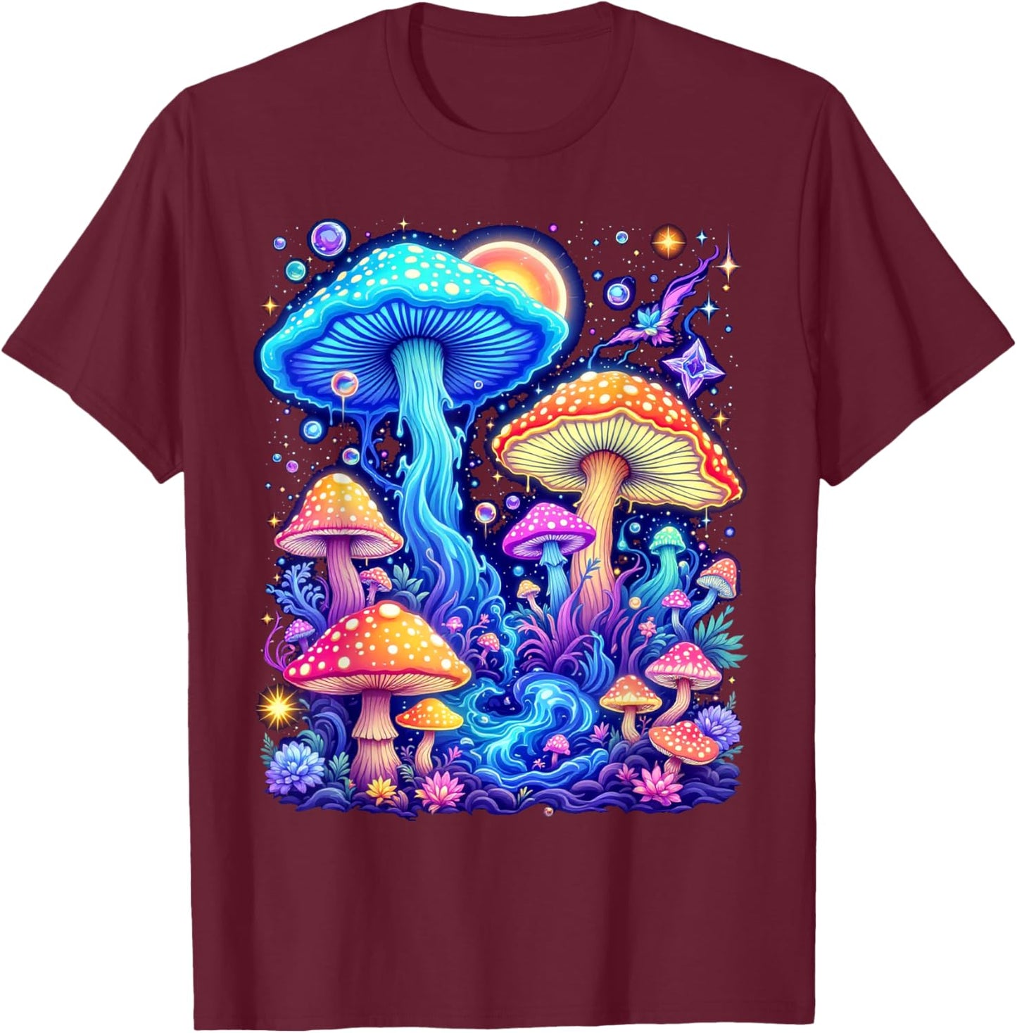 Psychedelic Mushroom , Black, S T-Shirt - T-Shirt | Maroon