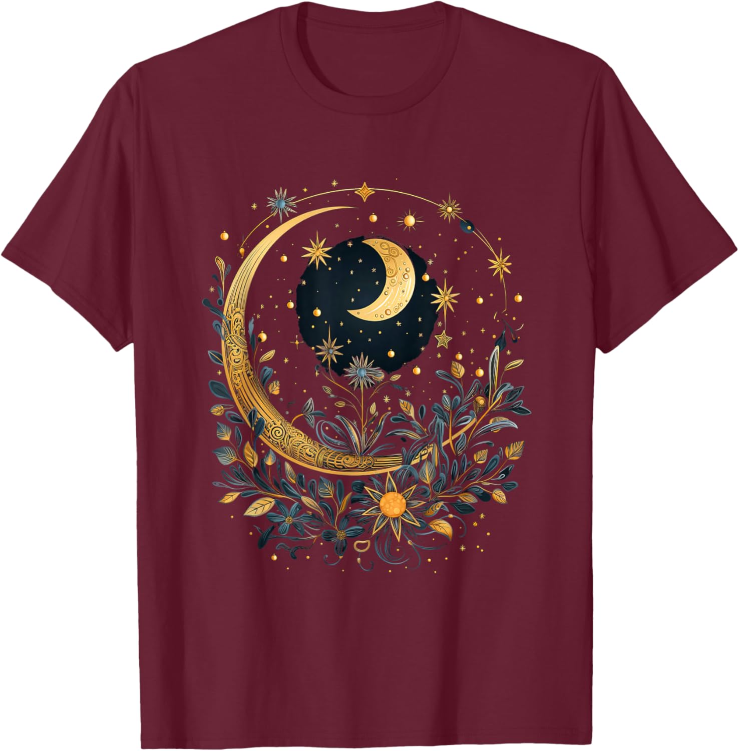 Mystic Sun and Moon Woman Mystical Flowers Aesthetic T-Shirt - T-Shirt | Maroon