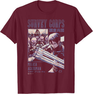 Attack on Titan Mikasa Ackerman Survey Corps Epic Poster T-Shirt - T-Shirt | Maroon
