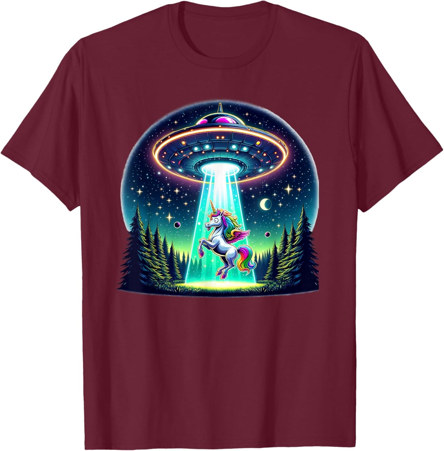 Rainbow Unicorn Abduction Alien Invasion Funny UFO Spaceship T-Shirt - T-Shirt | Maroon