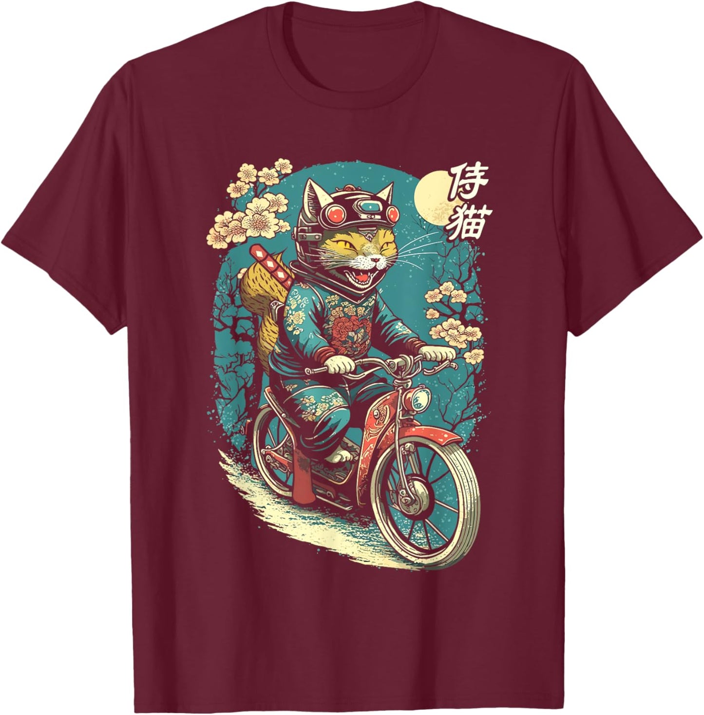 Japanese Samurai Cat on Motorcycle Kawaii Ninja Cat Men Women Kids T-Shirt - T-Shirt | Maroon