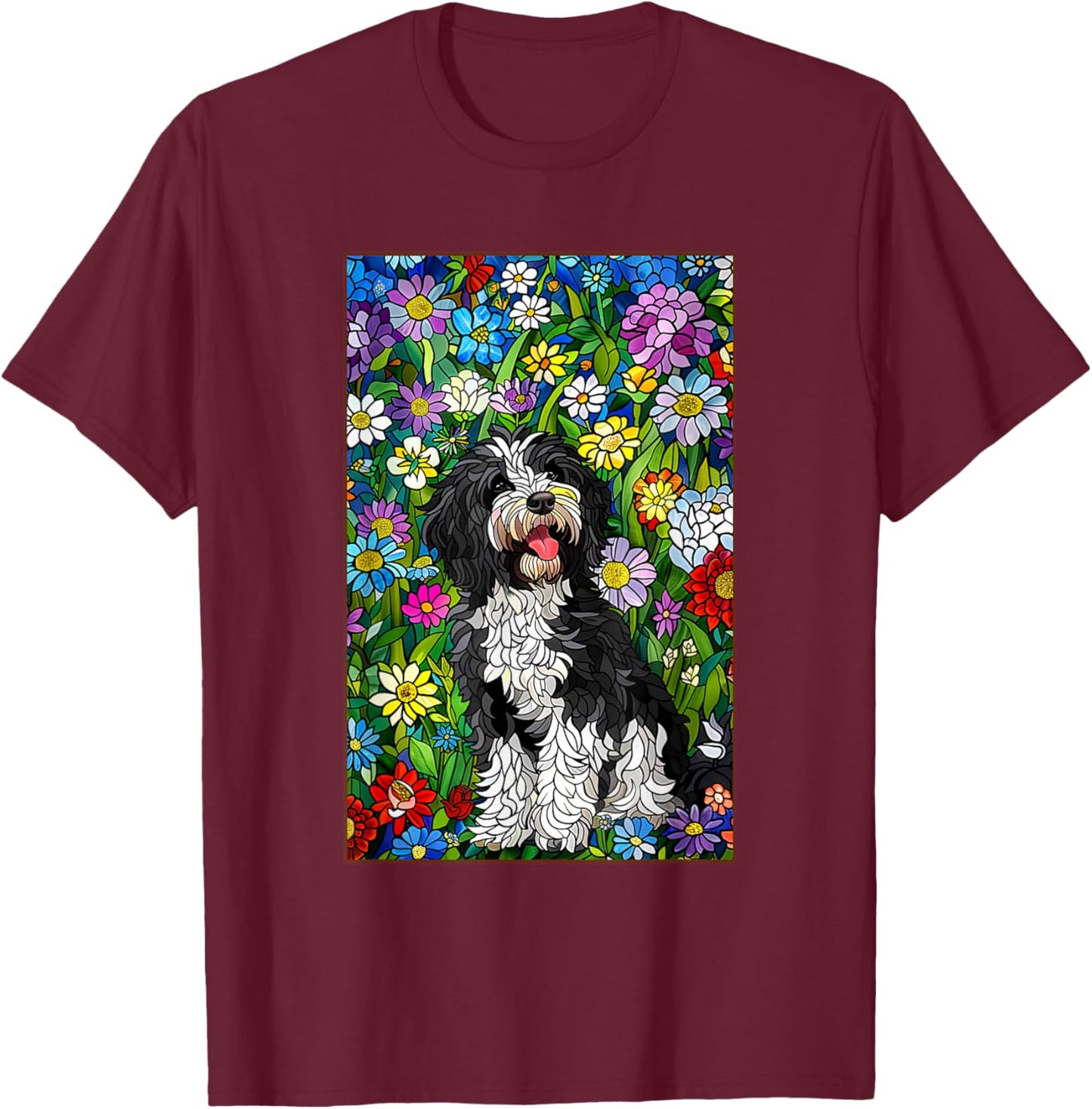 Bordoodle Dog Stained Glass Leadlight Artistic Design Men Women Kids T-Shirt - T-Shirt | Maroon