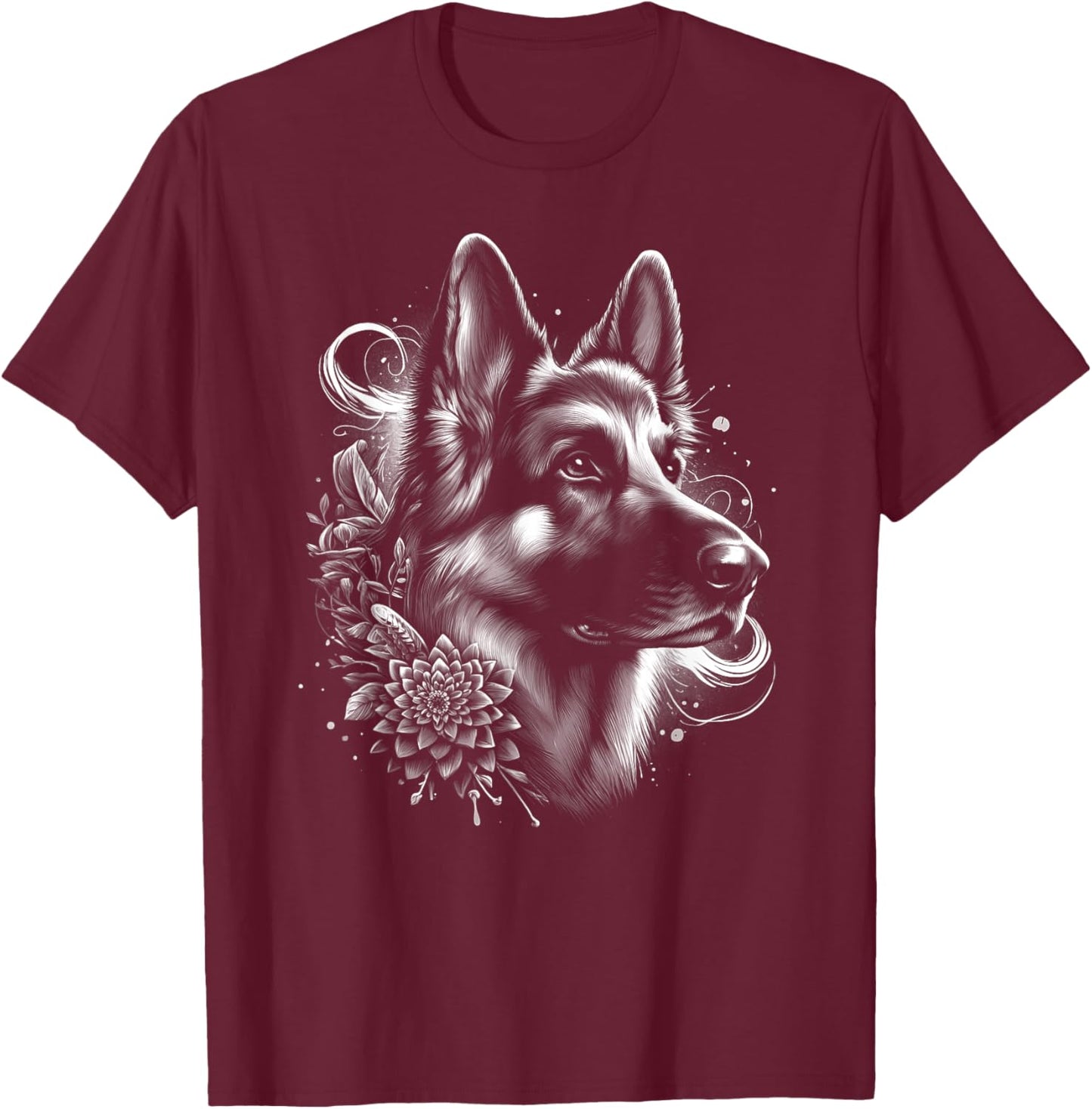 Cool German Shepherd as an Ornate Portrait T-Shirt - T-Shirt | Maroon