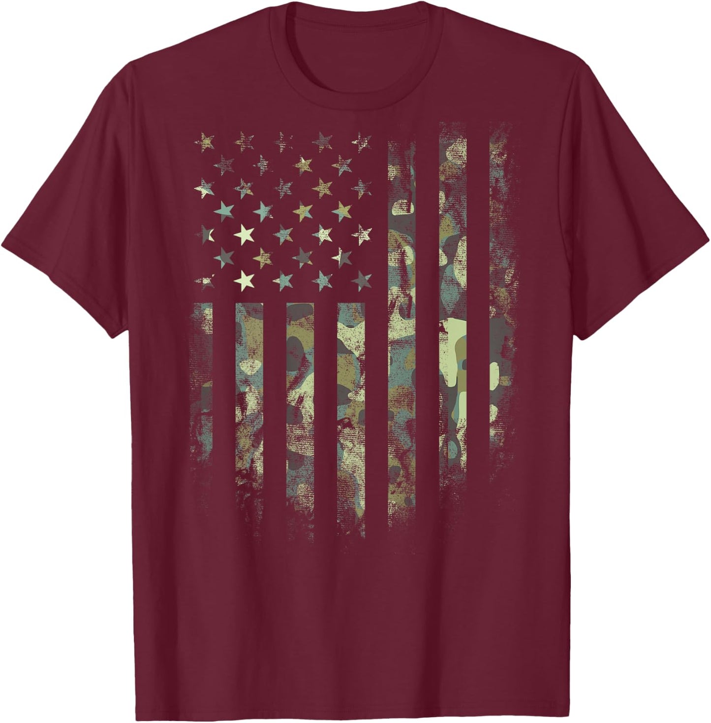 (Art on Back) American Flag Green Camo Camouflage T-Shirt - T-Shirt | Maroon