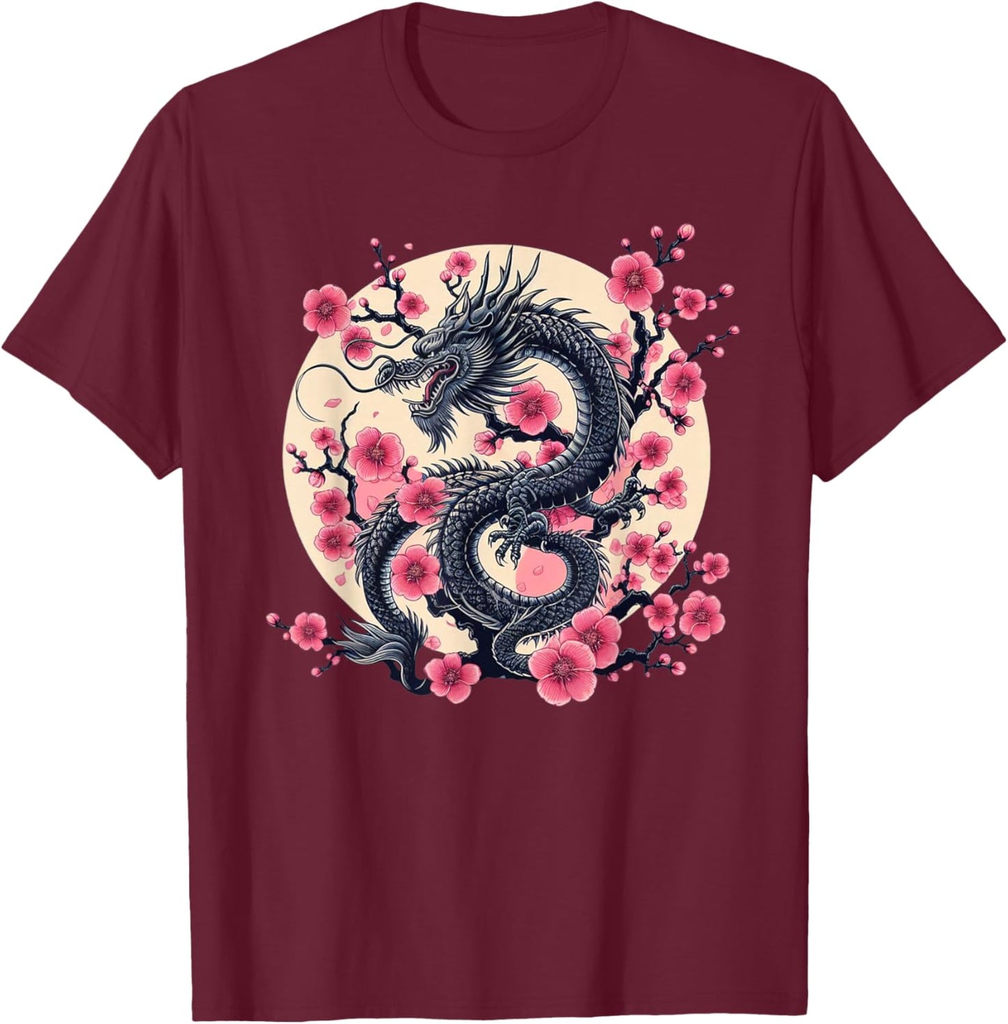 Vintage Chinese Dragon Asian Art Cherry Blossom Pink Flower T-Shirt - T-Shirt | Maroon