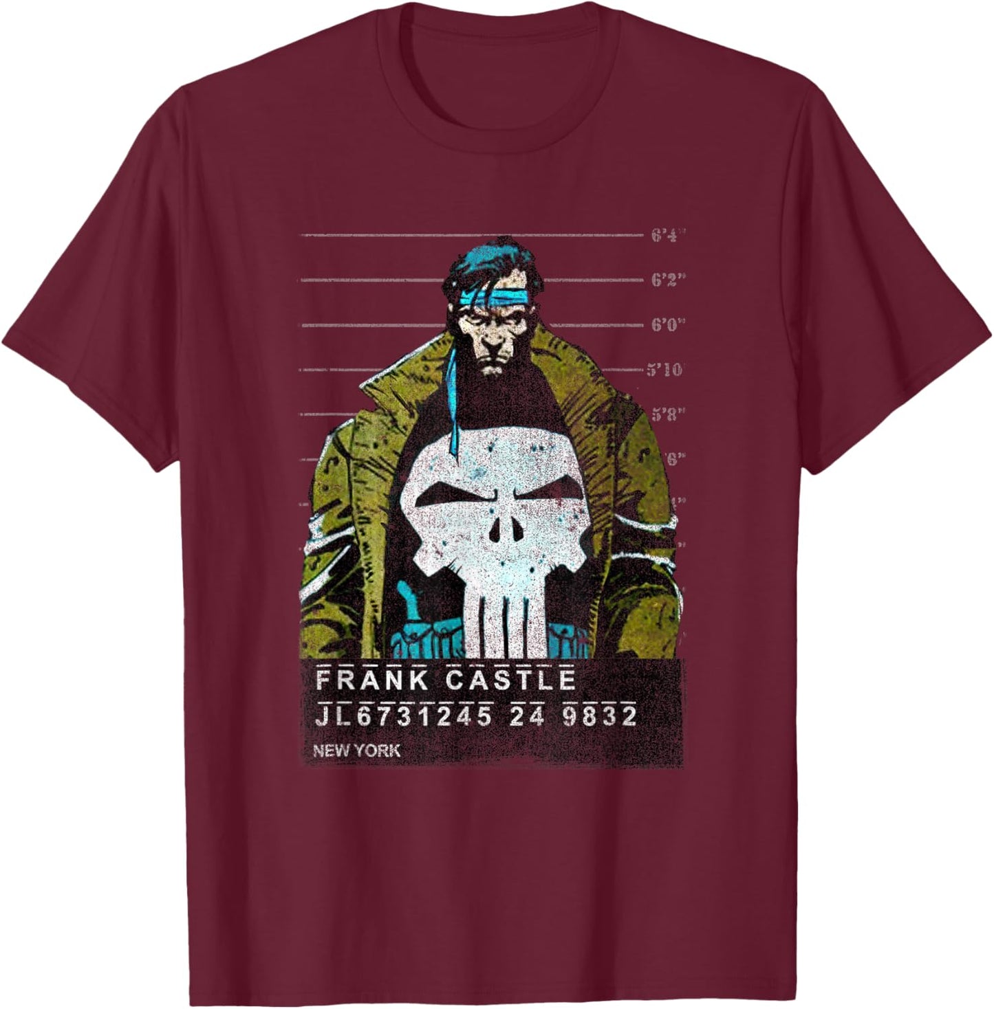 Marvel Punisher Frank Castle Prison Mugshot Distressed T-Shirt - T-Shirt | Maroon