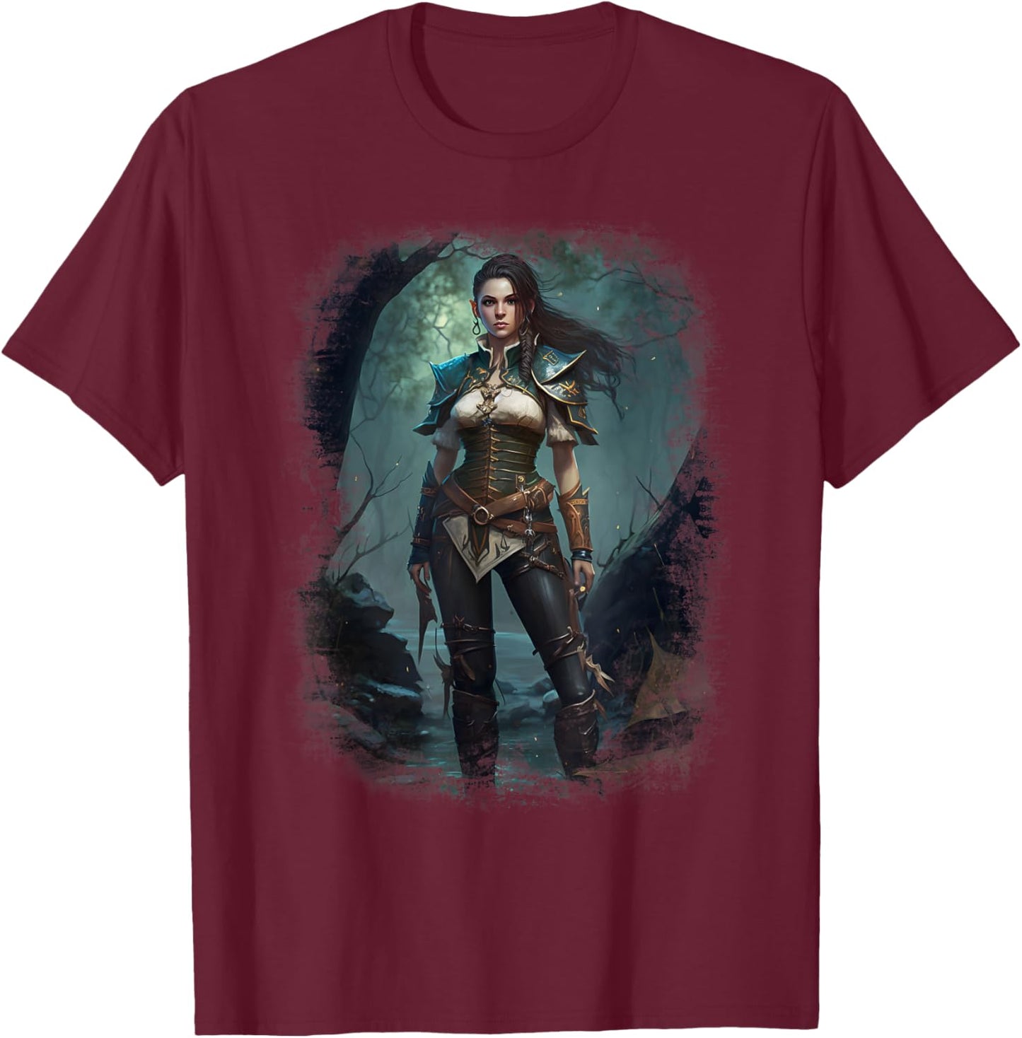 Elven Warrior Elf Princess Fantasy Vintage Fae Art Portrait T-Shirt - T-Shirt | Maroon
