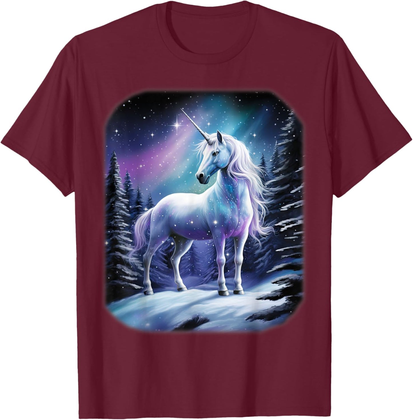 Fantasy white Unicorn standing in the snowy forest T-Shirt - T-Shirt | Maroon