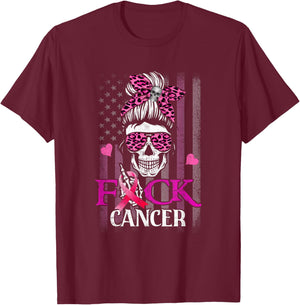 Messy Bun Skull Breast Cancer Awareness Fuck-Cancer USA Flag T-Shirt - T-Shirt | Maroon