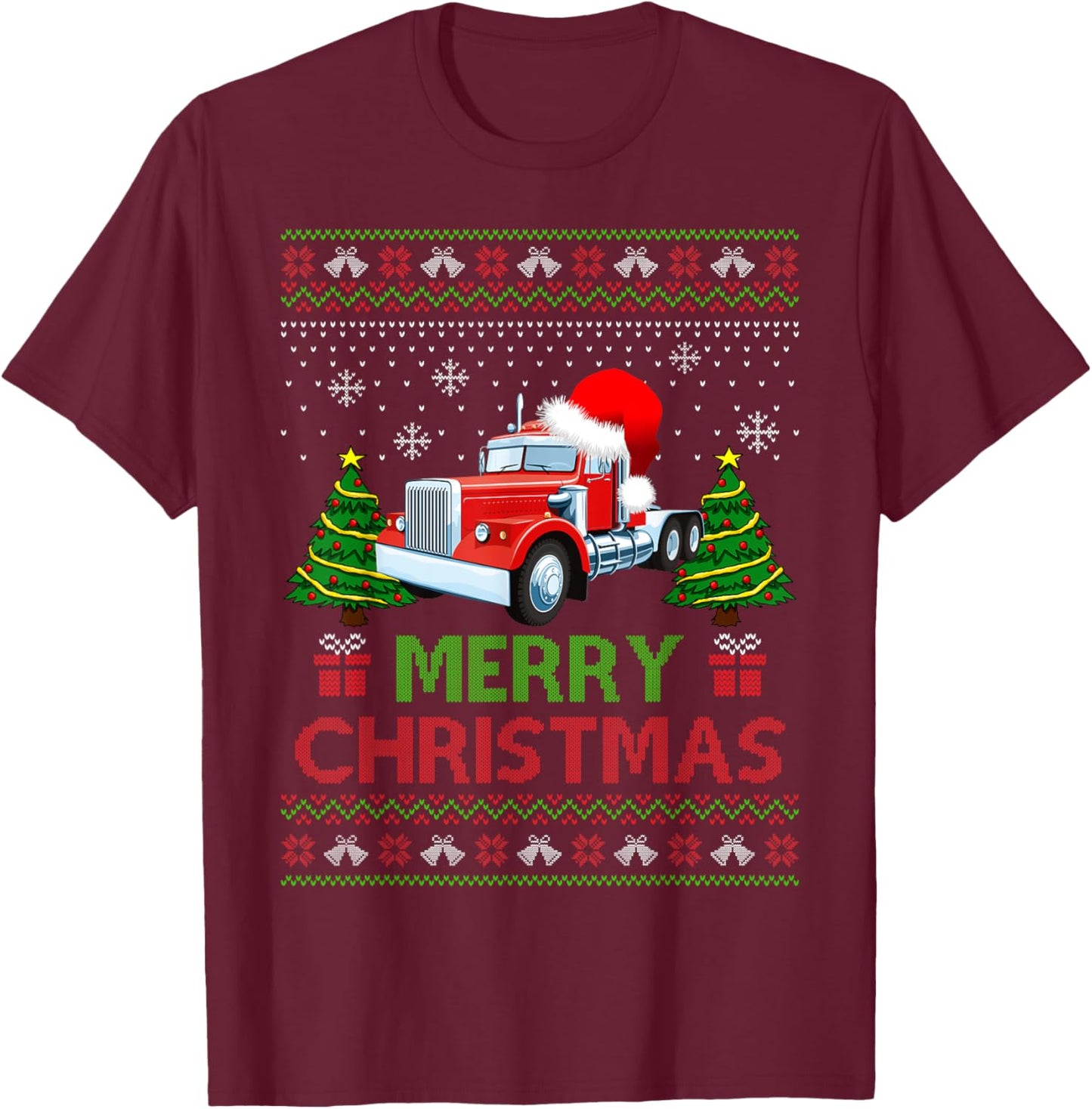 Merry Christmas Red Semi Truck Santa Hat Ugly Xmas Men Boys T-Shirt - T-Shirt | Maroon