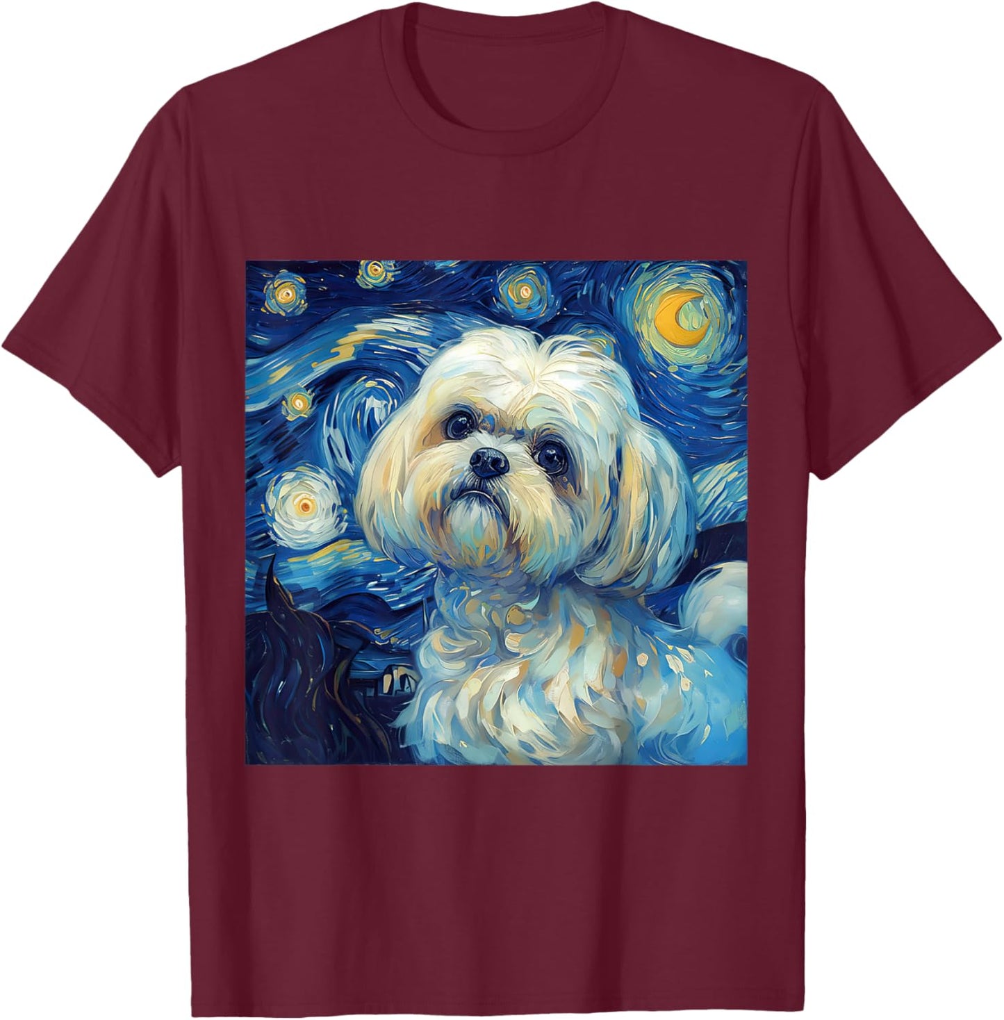 Maltese Dog Starry Night Vincent Van Gogh Painting T-Shirt - T-Shirt | Maroon