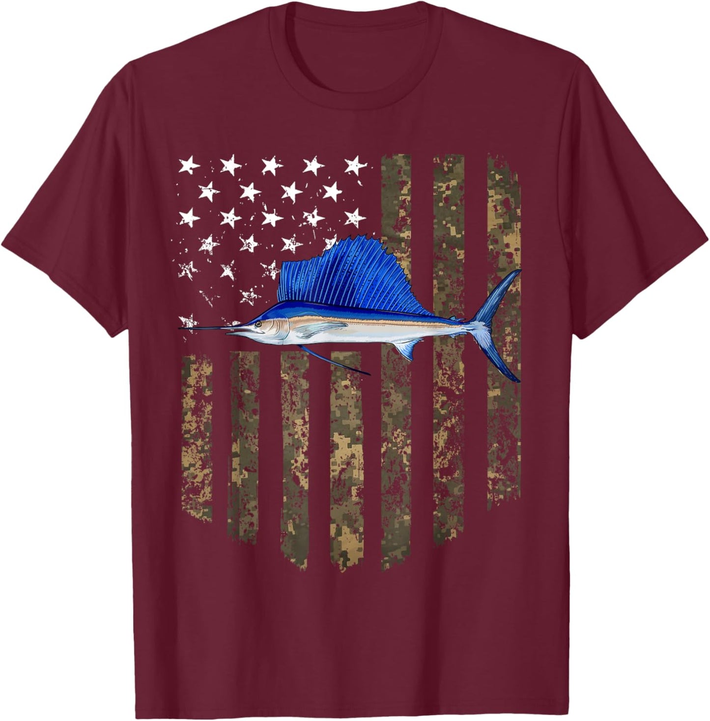 Camo American Flag Sailfish Fishing 4th Of July Men T-Shirt - T-Shirt | Maroon