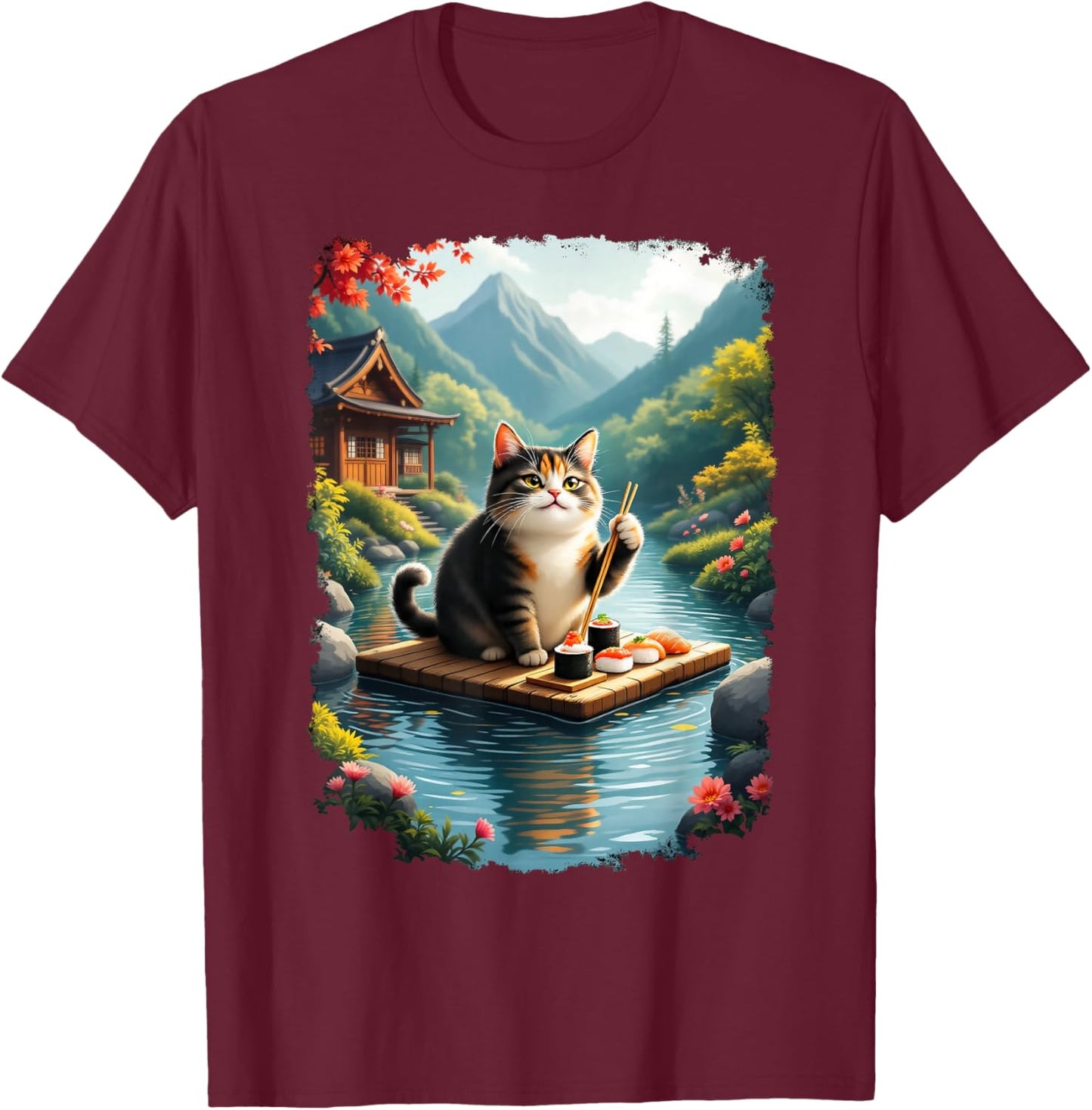 Kawaii Cat Lover Japanese Cats Owner Sushi Anime Otaku T-Shirt - T-Shirt | Maroon