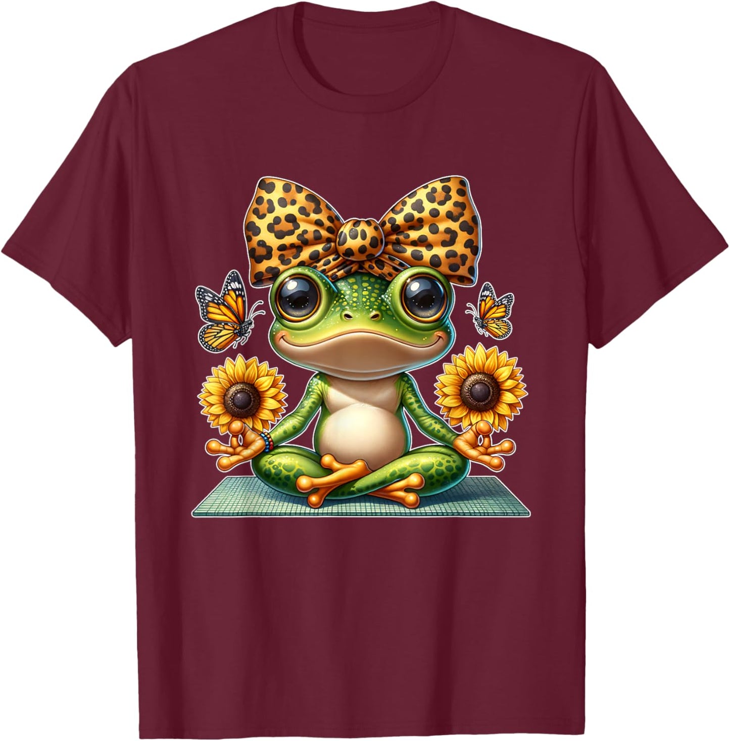 Cute Frog Yoga with Sunflowers and Butterflies T-Shirt - T-Shirt | Maroon