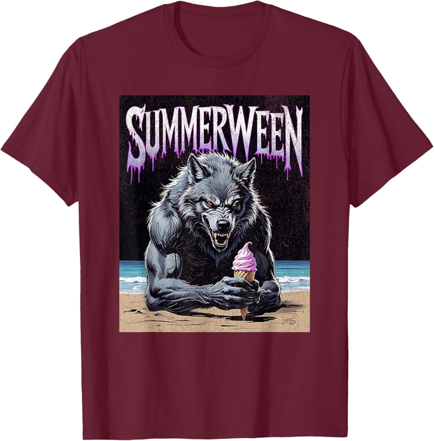 Summerween Werewolf Ice Cream Gothic Halloween Beach T-Shirt - T-Shirt | Maroon