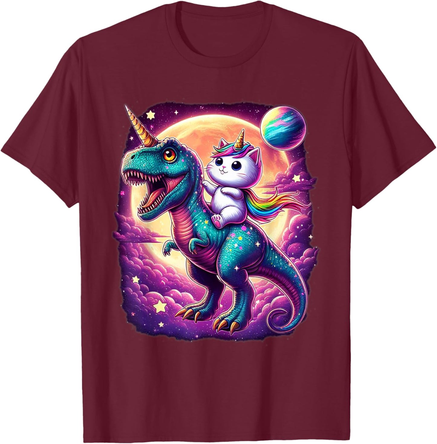 Cat Unicorn Riding Dinosaur T rex Kitten Lover Space Galaxy T-Shirt - T-Shirt | Maroon