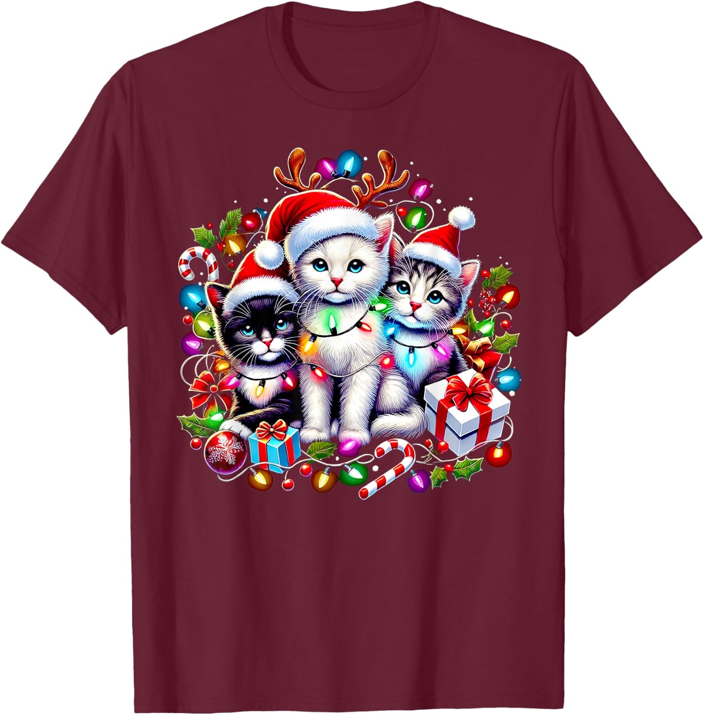 Cute Kittens Christmas Cheer Santa Hats Lights Cats Kittys T-Shirt - T-Shirt | Maroon