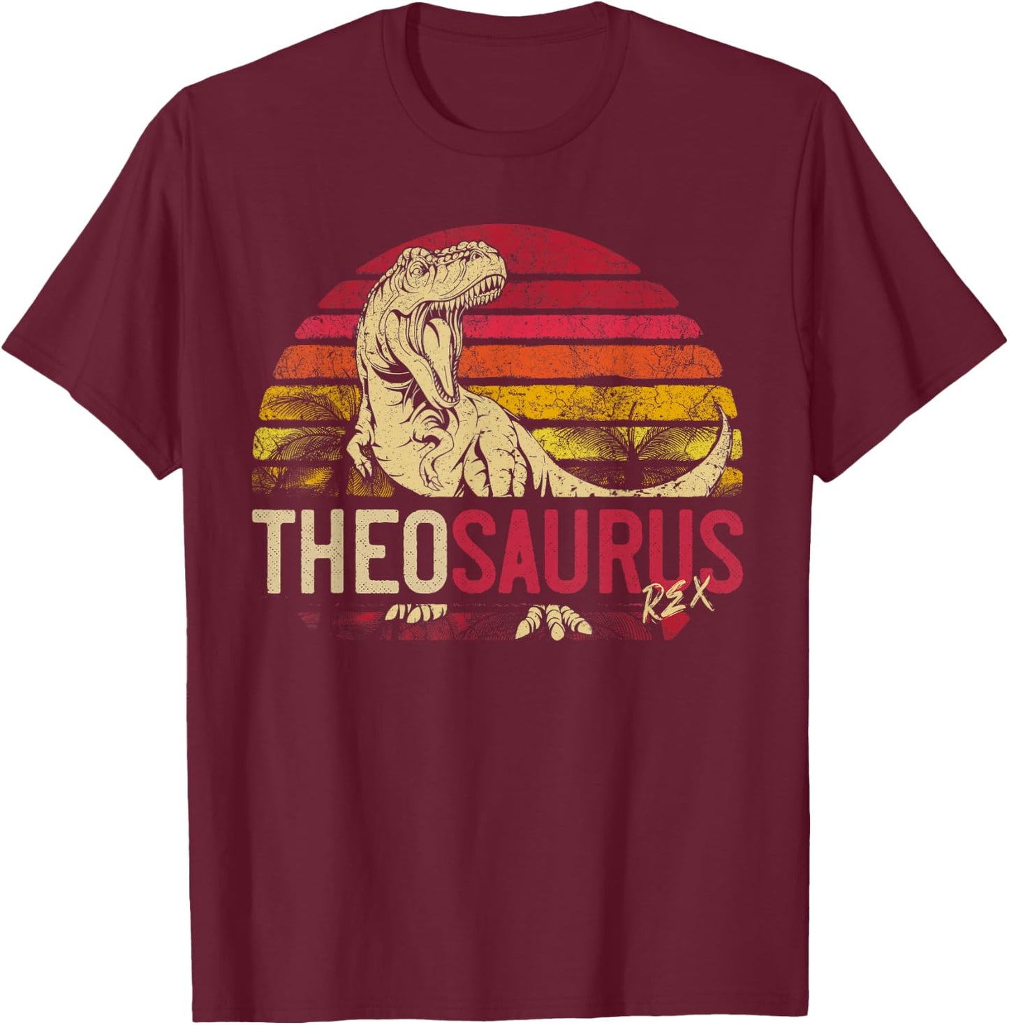 Theo Saurus Funny Personalized Dinosaur T Rex Name Boys Gift T-Shirt - T-Shirt | Maroon