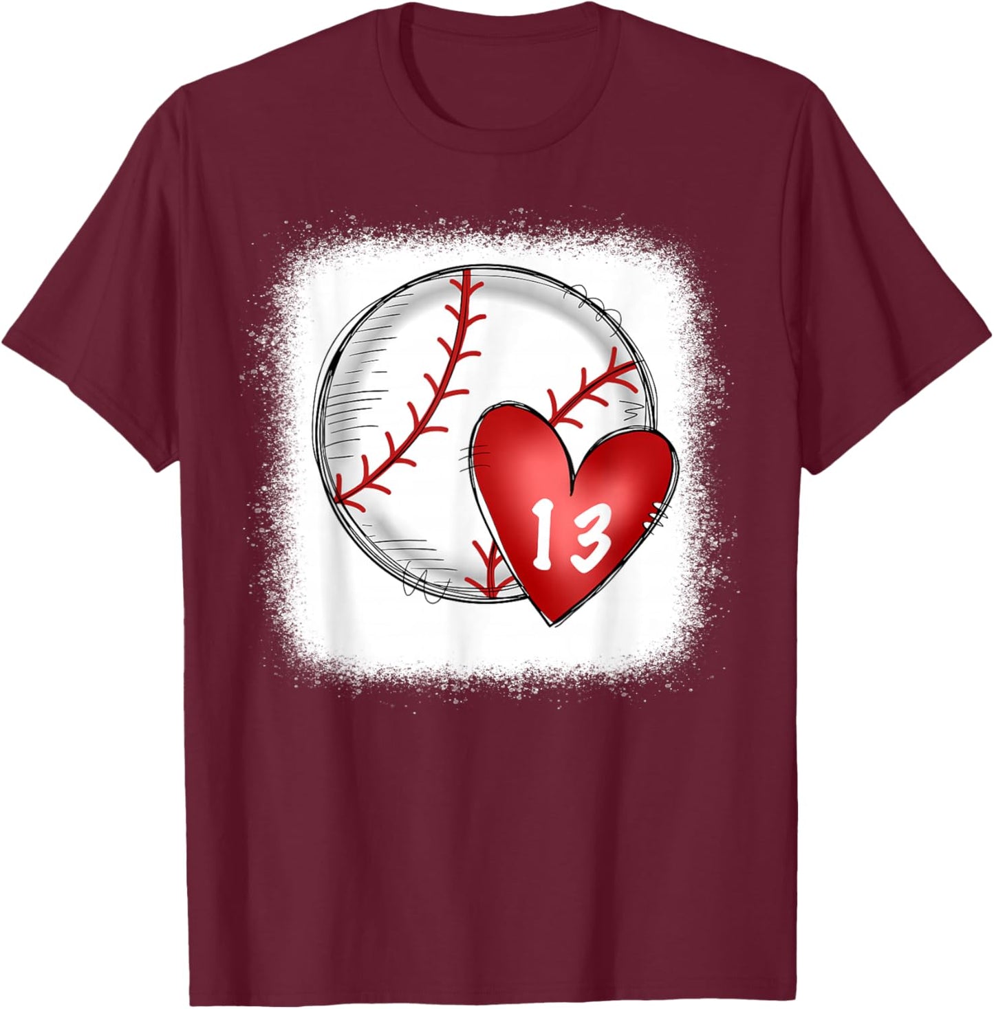 Bleached Custom Baseball Mom Number 13 Heart for Mom T-Shirt - T-Shirt | Maroon