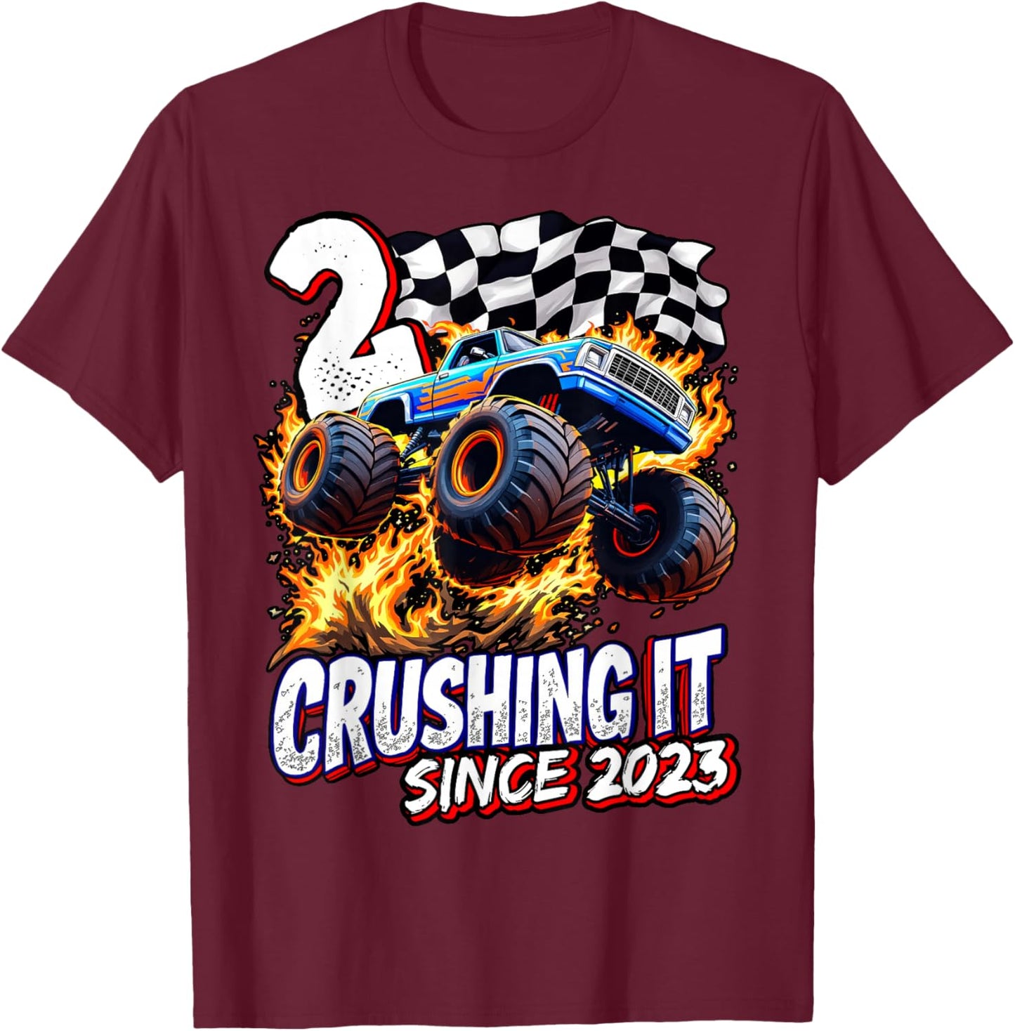 Birthday Monster Truck 2 Year Old Boys 2nd Party Born 2023 T-Shirt - T-Shirt | Maroon