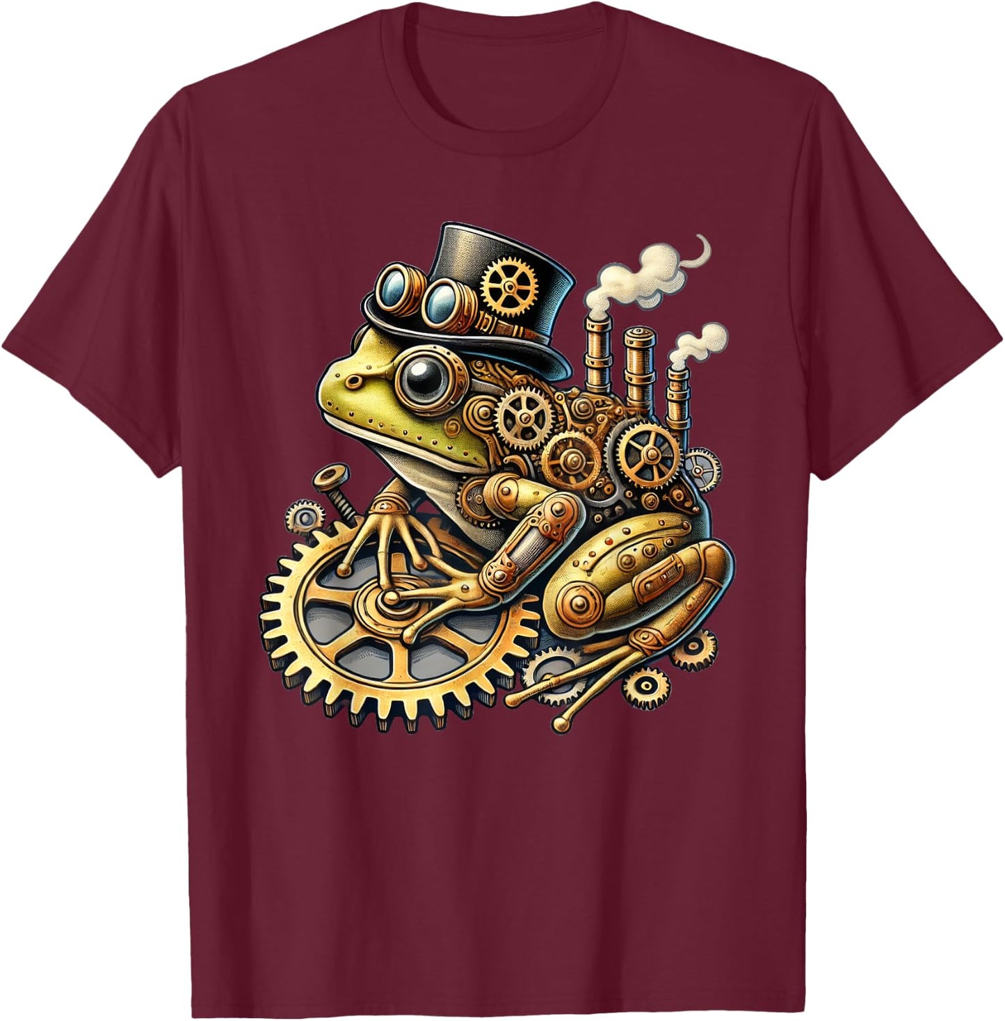 Steampunk Frog Fantasy Apparel Steampunk Frog Art - -Adults & Kids - Black - Small - Short Sleeve - Cotton Blend - Machine Wash T-Shirt - T-Shirt | Maroon