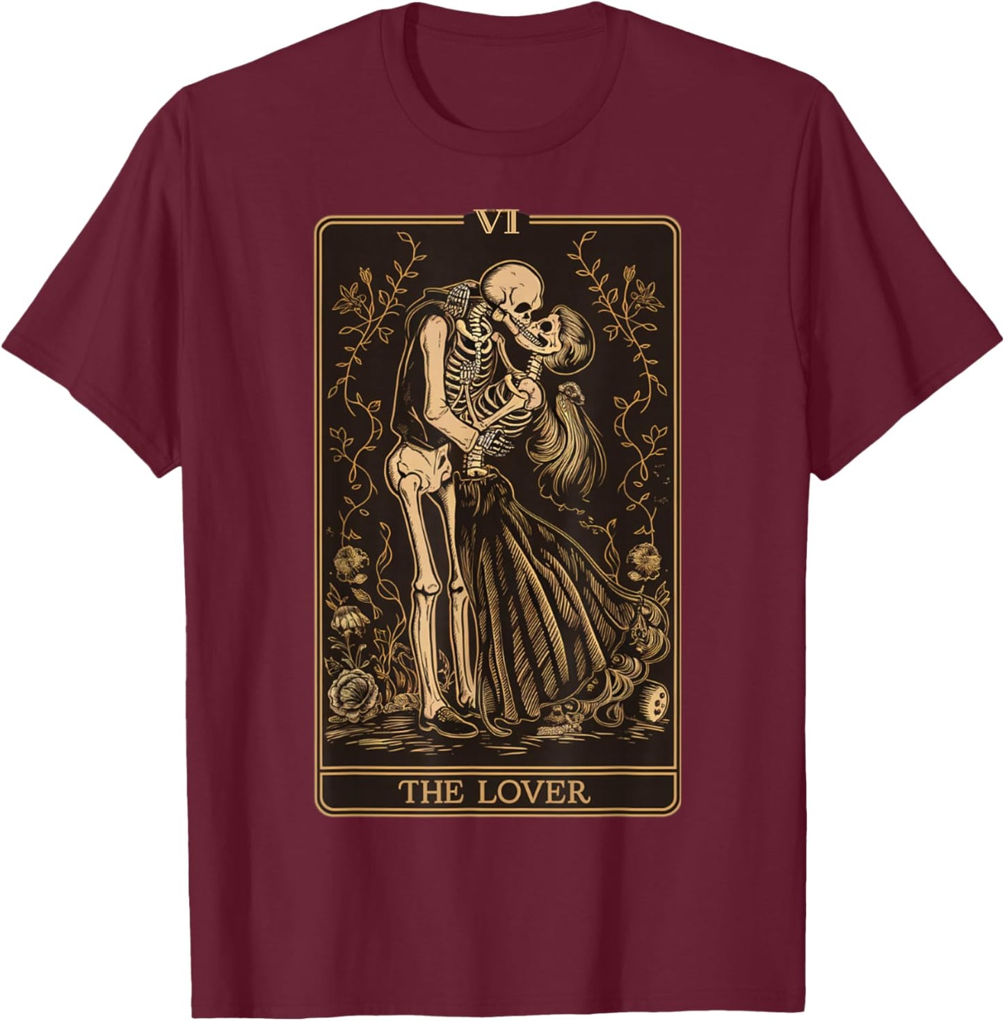 The Lovers Vintage Tarot Card - Gothic Halloween Tea T-Shirt - T-Shirt | Maroon