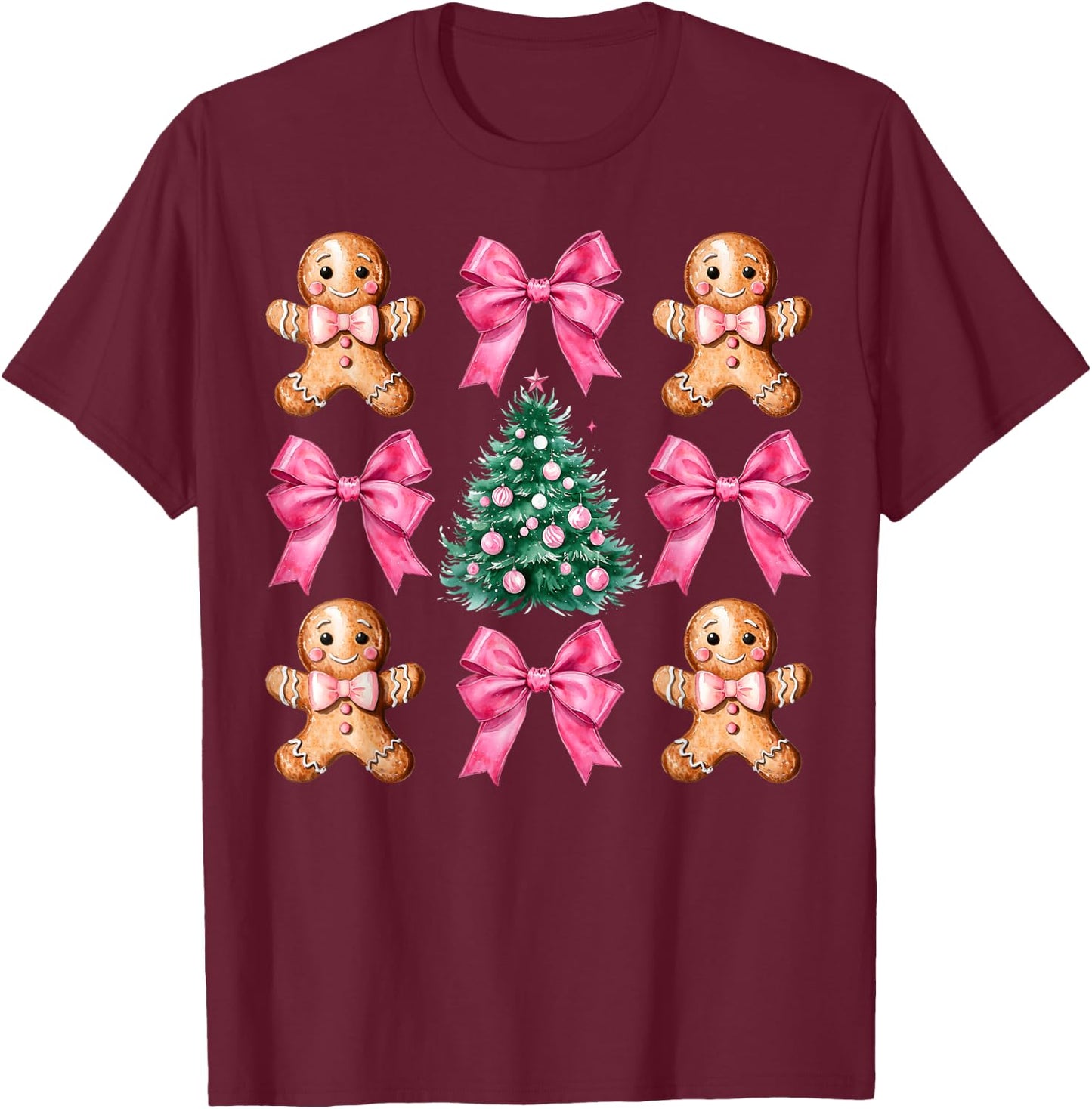 Cute Coquette Pink Bow Xmas Gingerbread Man Christmas Tree T-Shirt - T-Shirt | Maroon