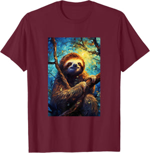Sloth - Van Gogh Style - Starry Night T-Shirt - T-Shirt | Maroon