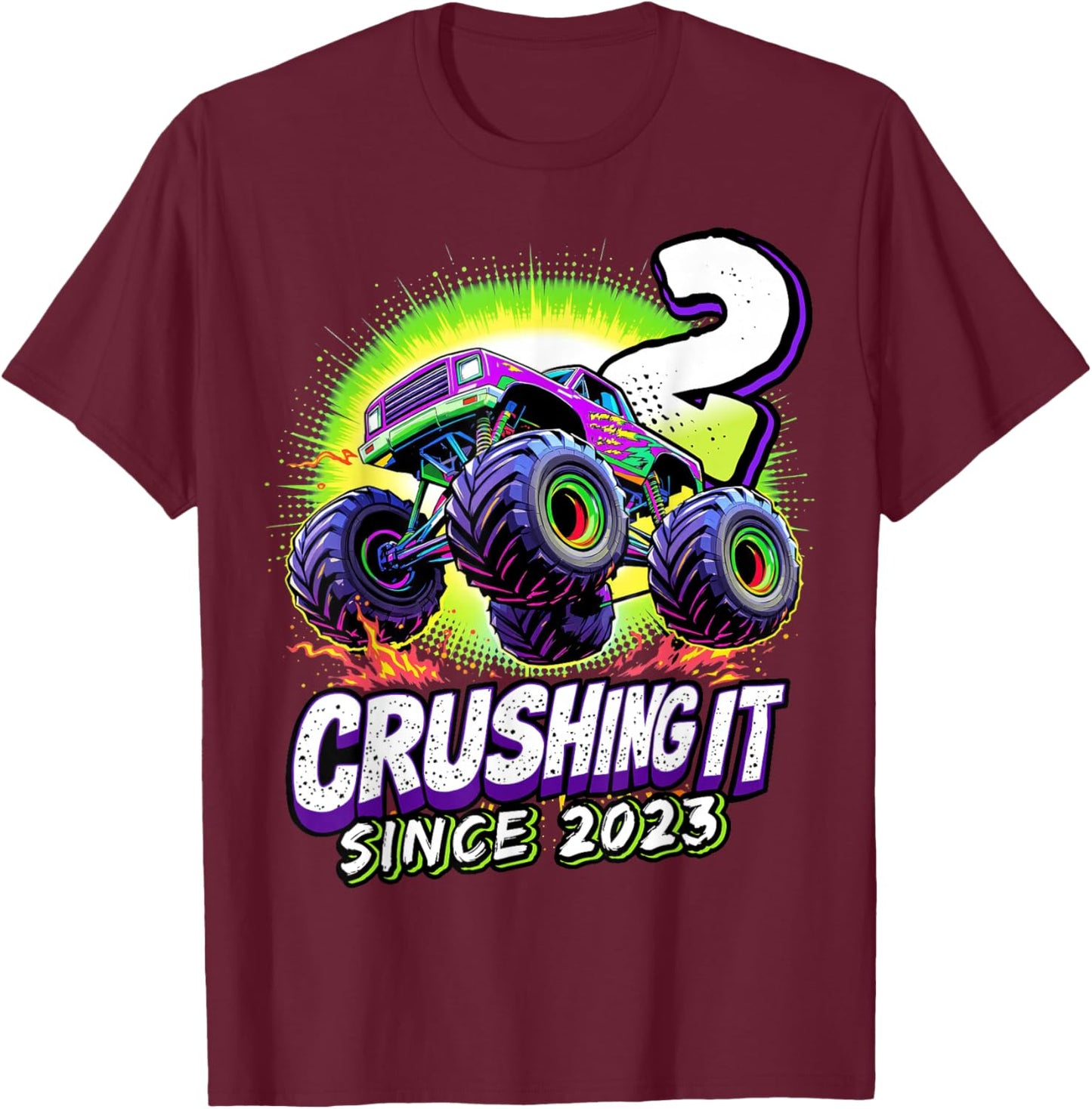 Birthday Monster Truck 2 Year Old Boys 2nd Party Born 2023 T-Shirt - T-Shirt | Maroon