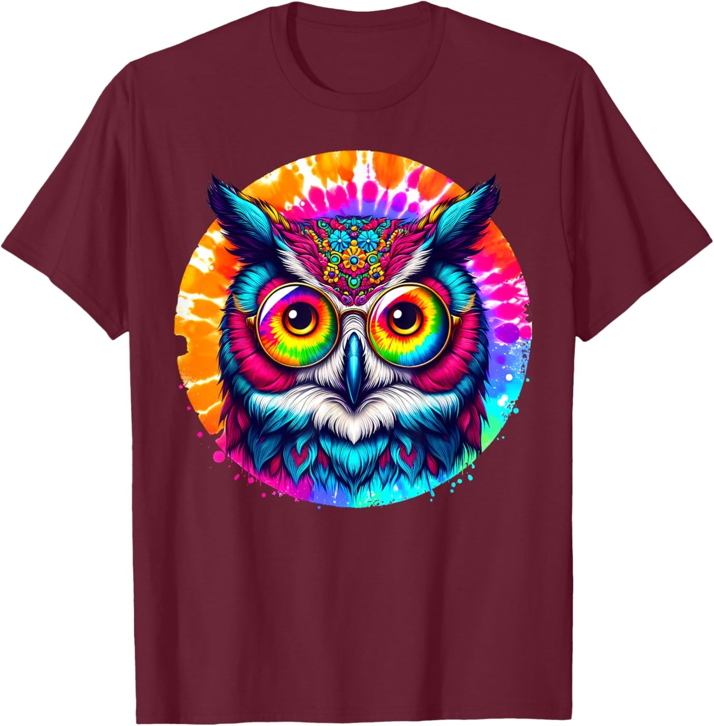 Cool Tie Dye Owl Sunglasses Bird Graphic Illustration Art T-Shirt - T-Shirt | Maroon